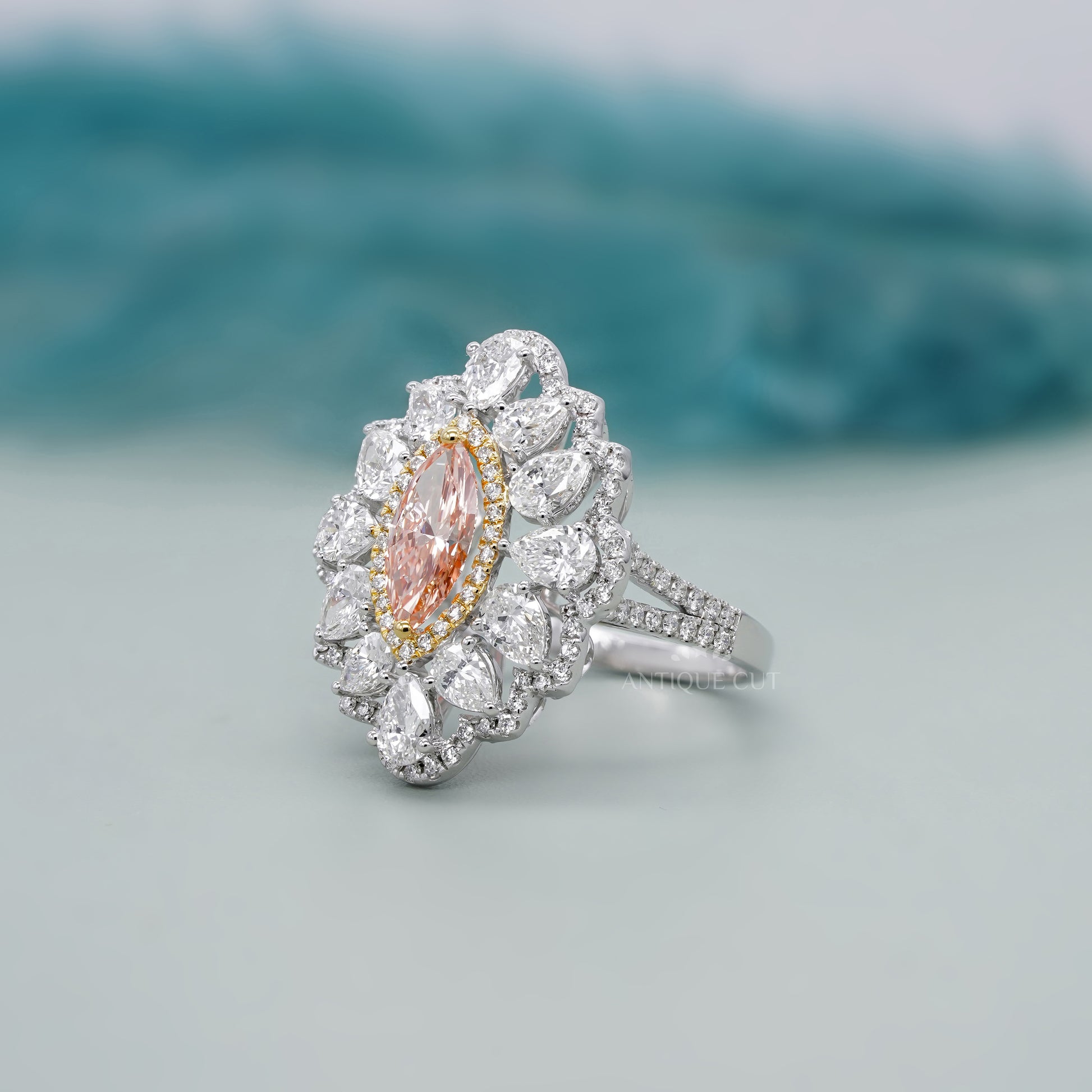 Marquise 3.50tcw Fancy Pink Lab Diamond Ring | Cluster Halo | IGI Certified | White Gold