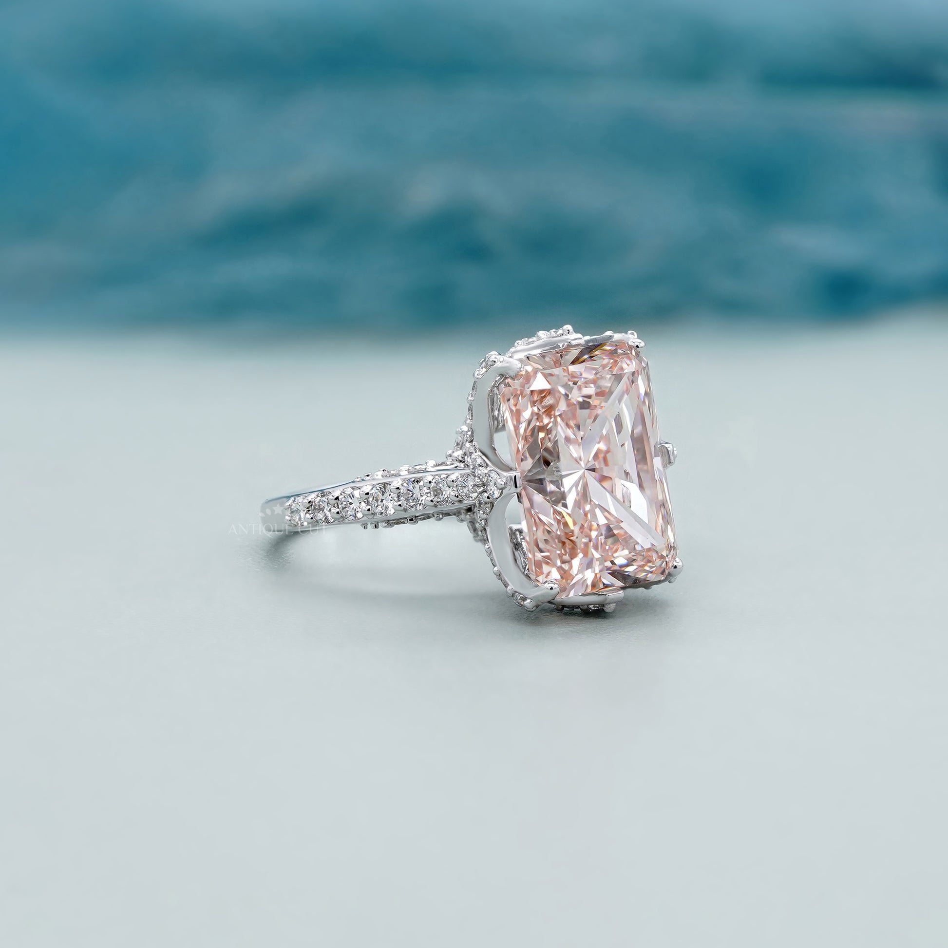 Fancy Pink Radiant 6.50tcw Lab Diamond Engagement Ring | IGI Certified | White Gold Pave Setting
