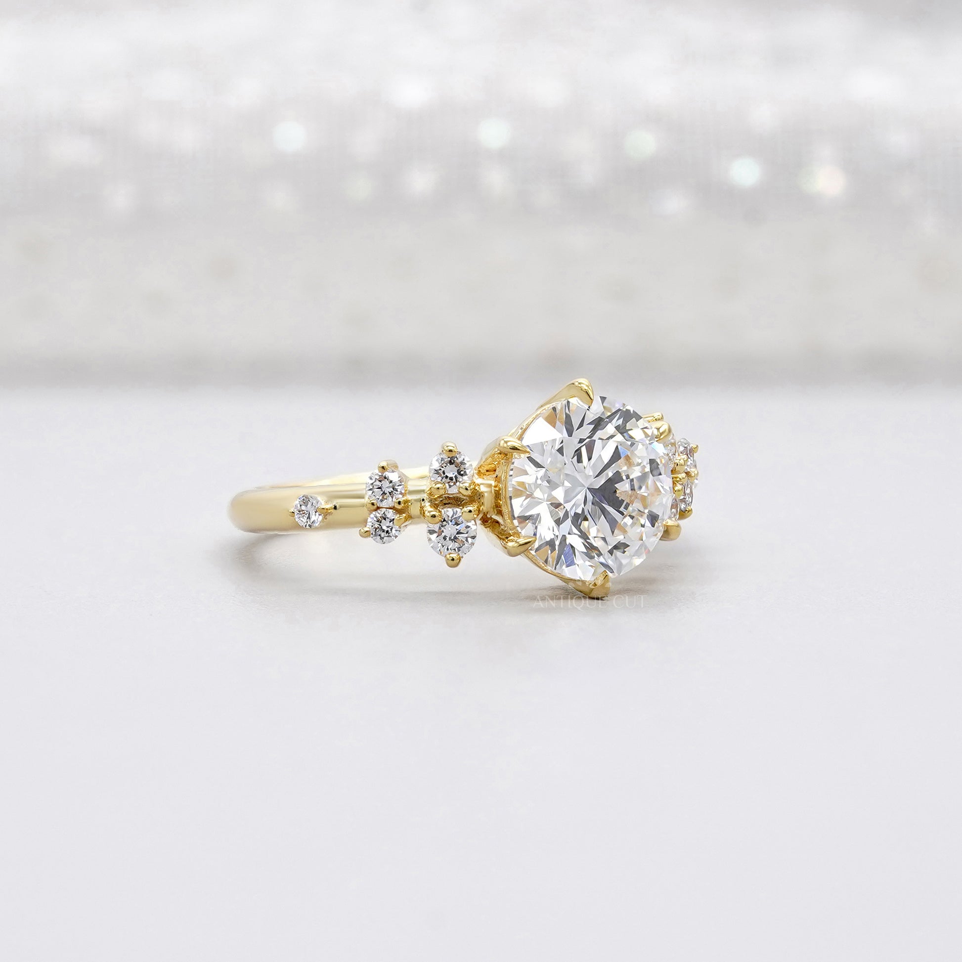 Round 2.30tcw Lab Diamond Engagement Ring | IGI Certified | Yellow Gold Cluster Side Stone Ring