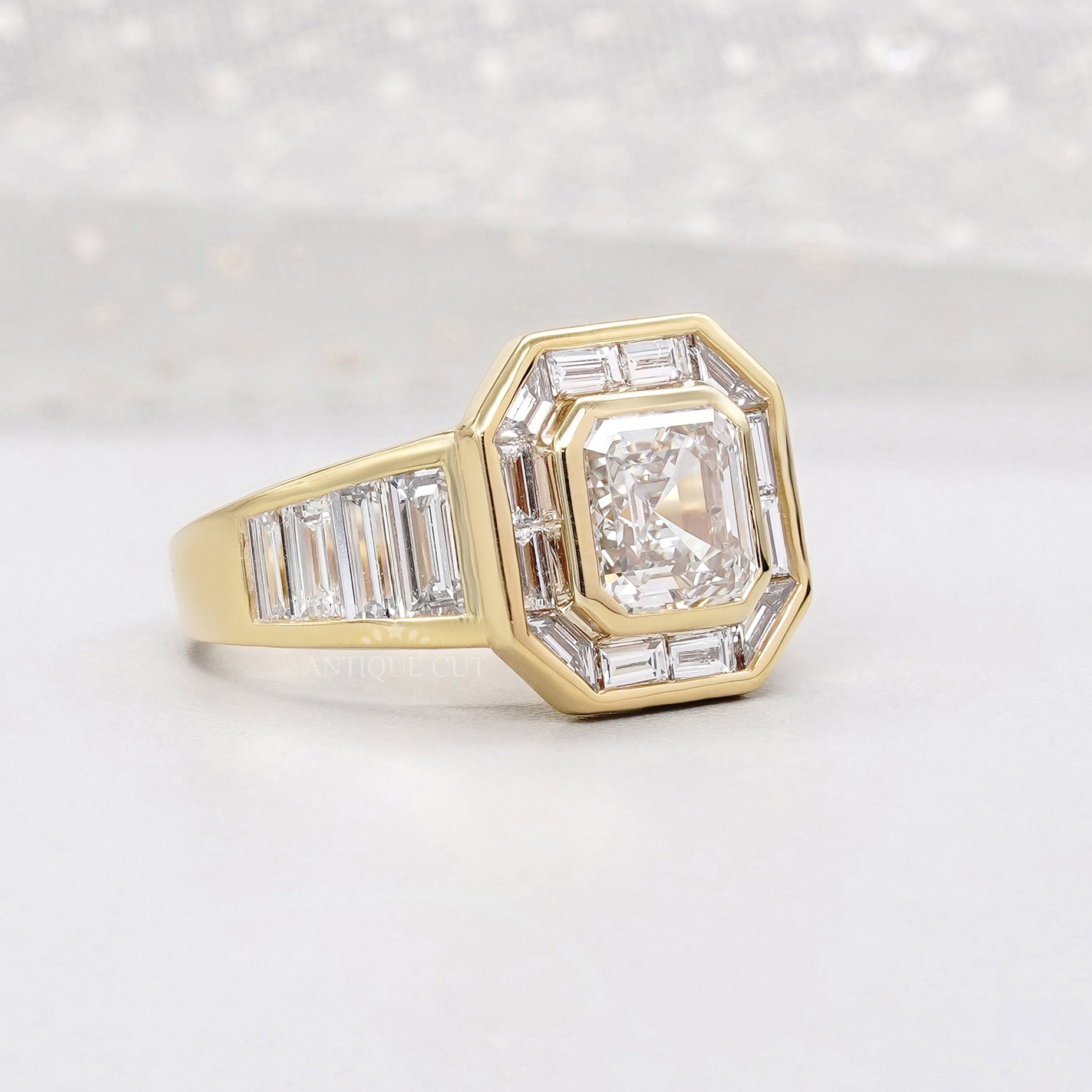 Yellow gold halo Asscher cut diamond ring