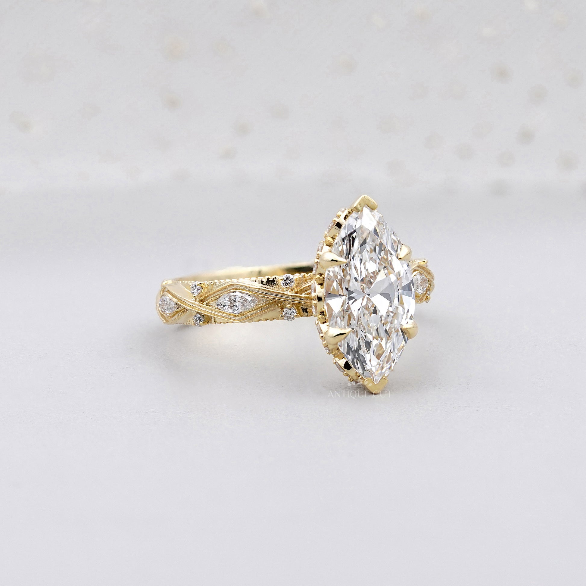 Marquise 3.16tcw Lab Grown Diamond Vintage Engagement Ring | Side Stone Antique Band | D–F Color | VVS–VS Clarity | IGI Certified