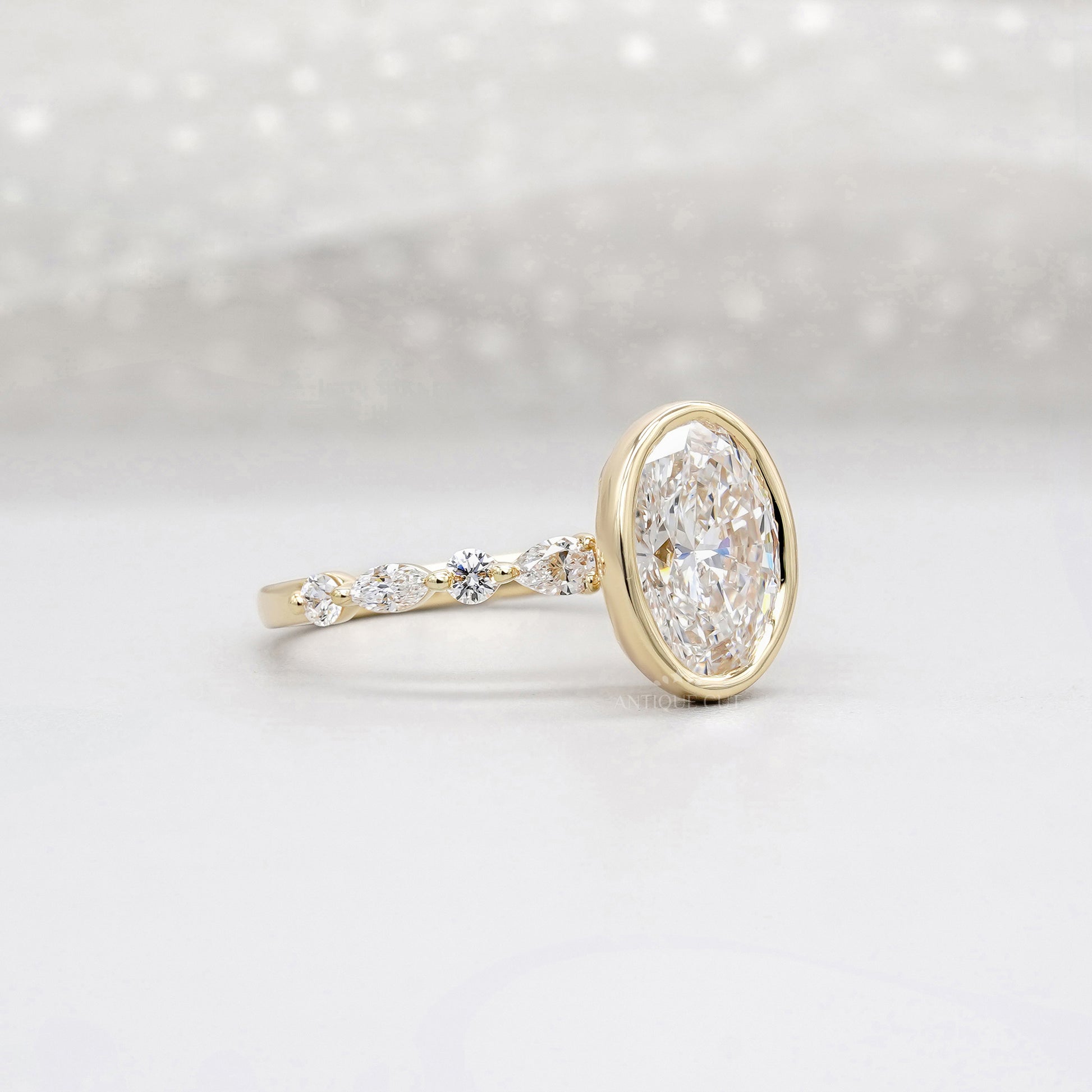 Oval 3.50tcw Bezel Set Lab Grown Diamond Engagement Ring | Yellow Gold with Side Stones | IGI Certified