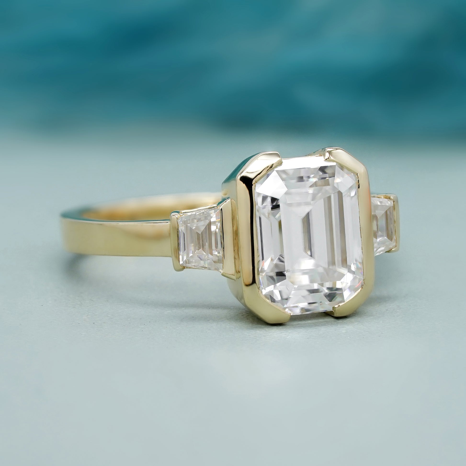 Emerald 4.00tcw Lab Grown Diamond Half Bezel Engagement Ring | IGI Certified | DEF VVS–VS