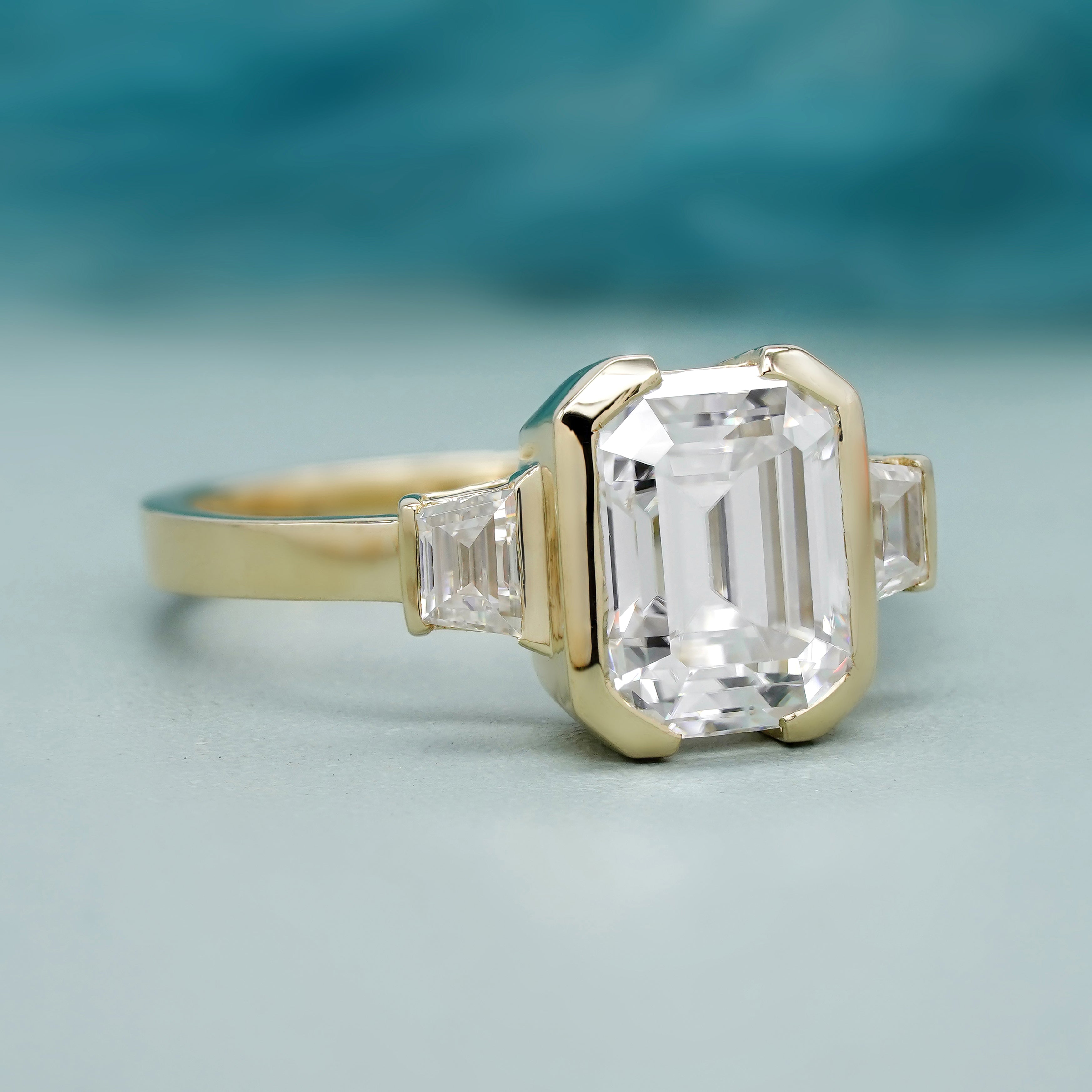 Emerald 4.00tcw Lab Grown Diamond Half Bezel Engagement Ring, D-E-F Color, VVS-VS Clarity