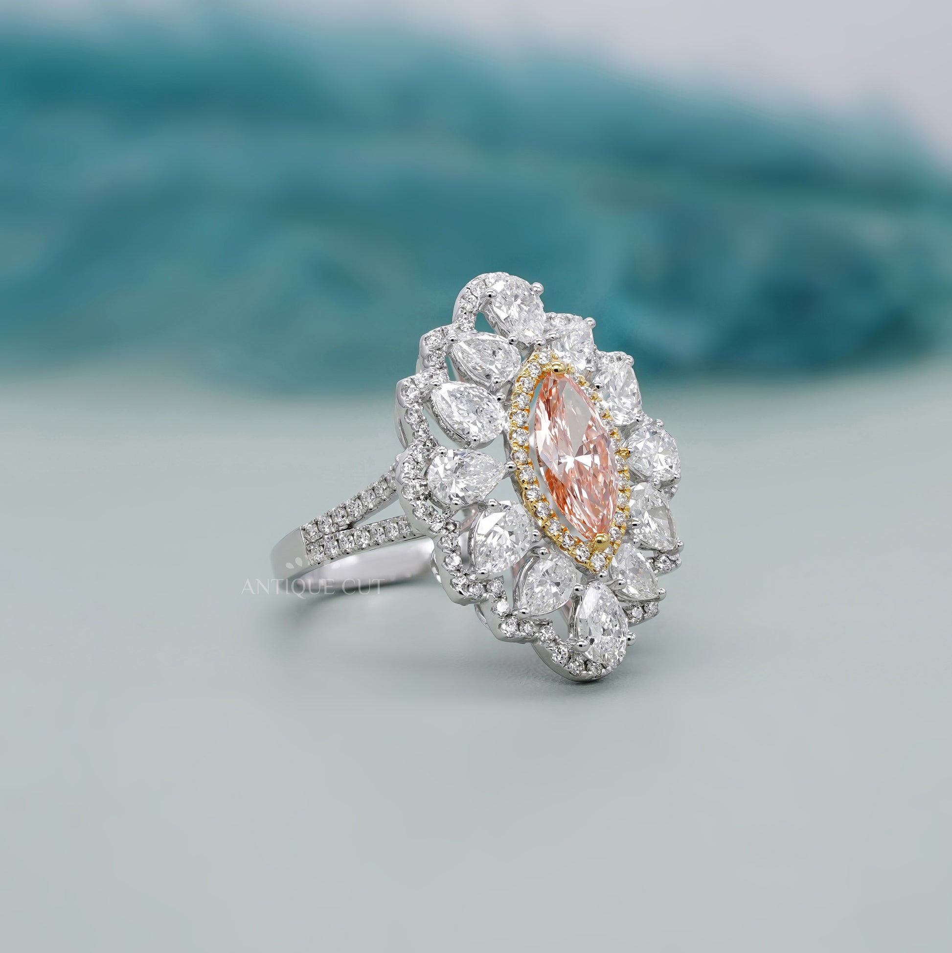Marquise 3.50tcw Fancy Pink Lab Diamond Ring | Cluster Halo | IGI Certified | White Gold