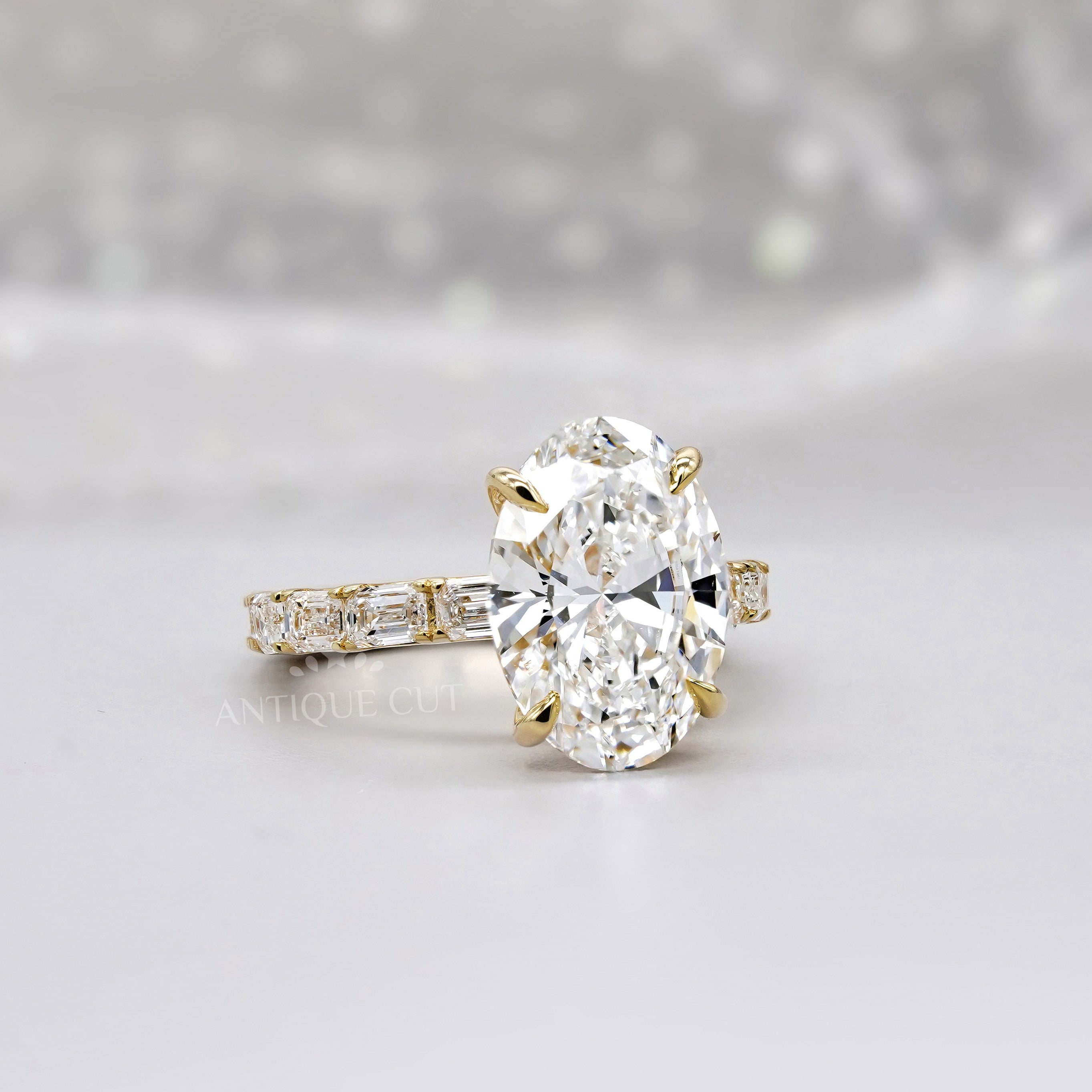 Oval 4.30tcw Lab Diamond Ring | Emerald & Round Side Stones | Yellow Gold | IGI Certified