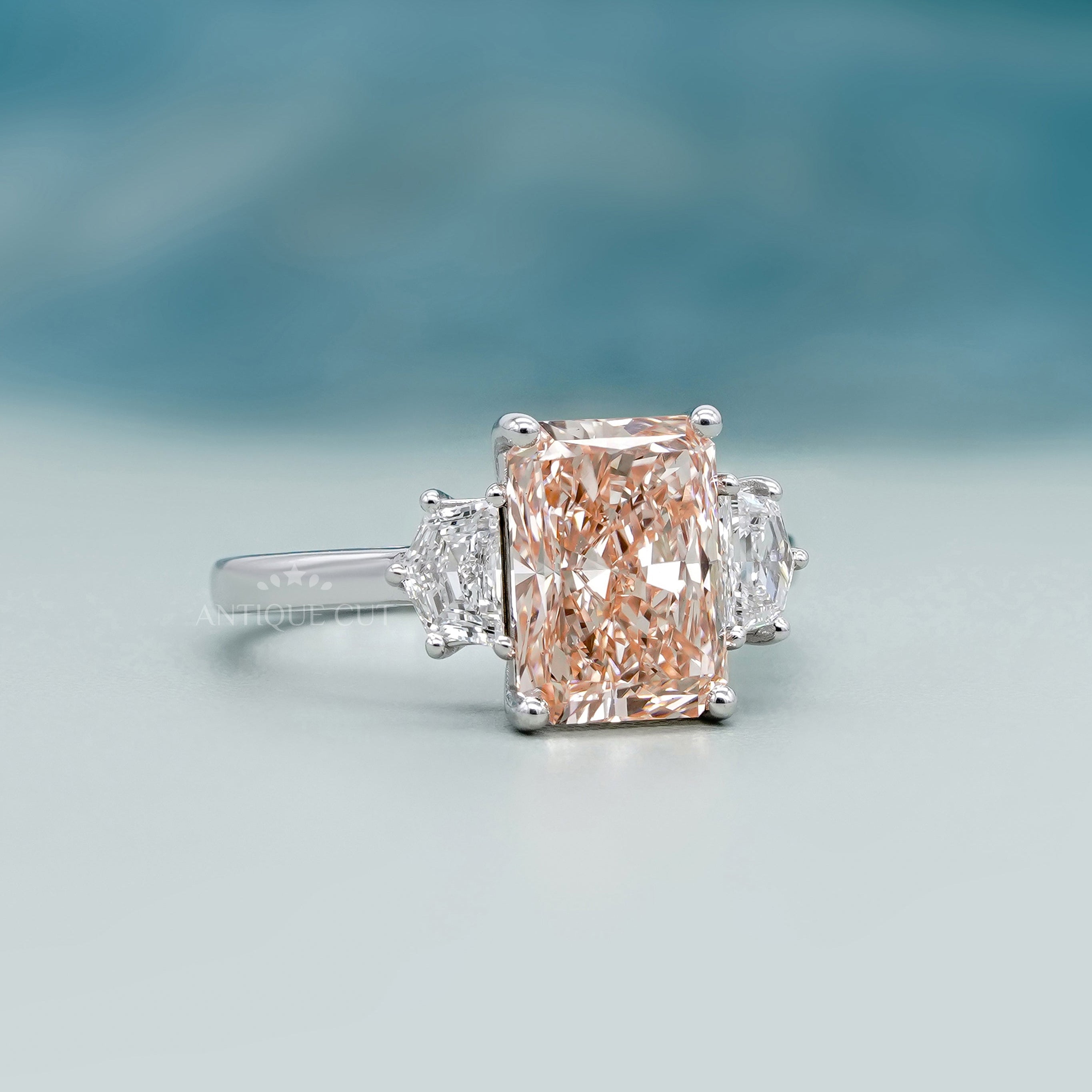 Antique style radiant fancy pink diamond engagement ring