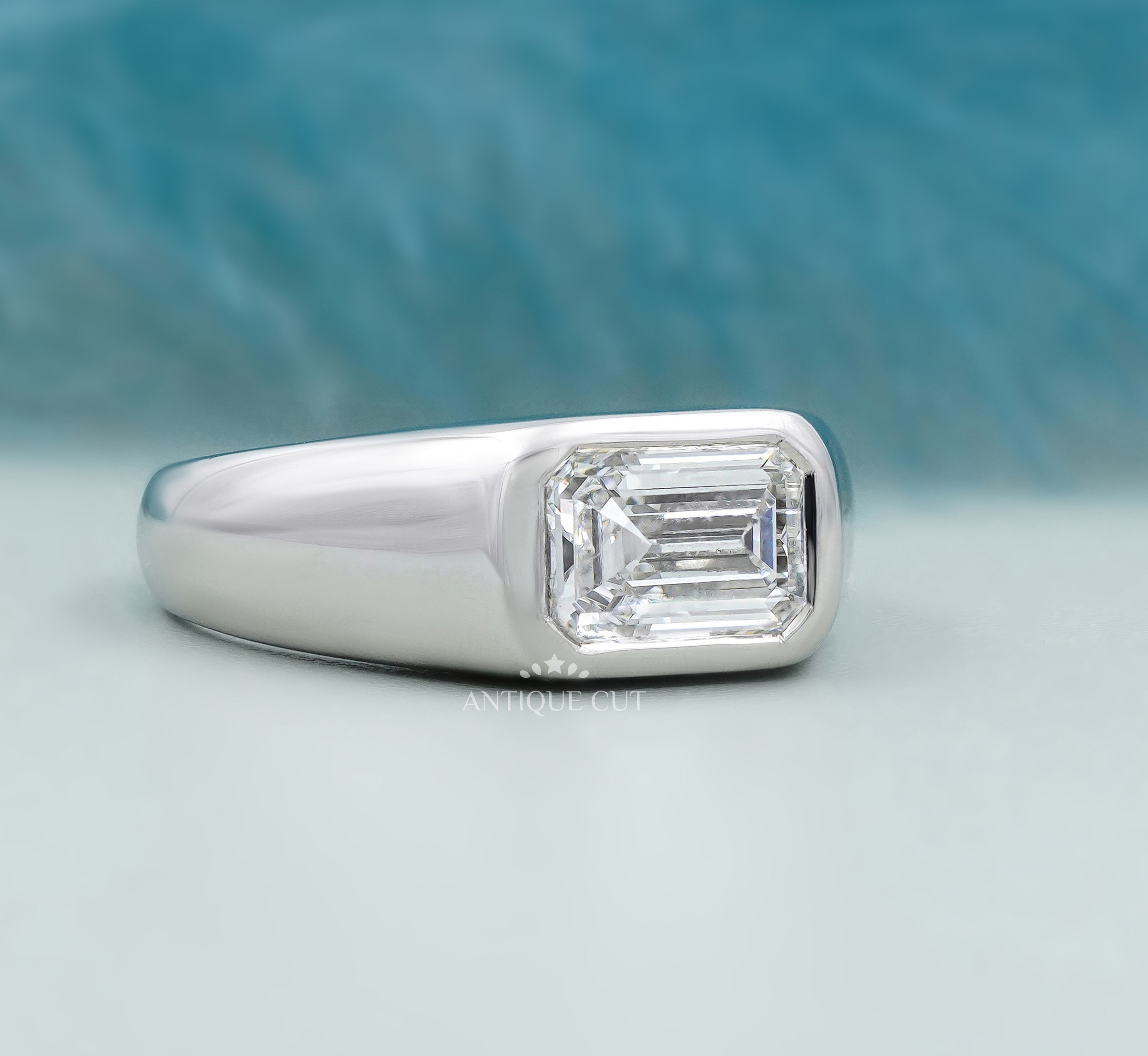 East West Engagement Ring | Lab Grown Emerald Bezel Set Diamond in White Gold