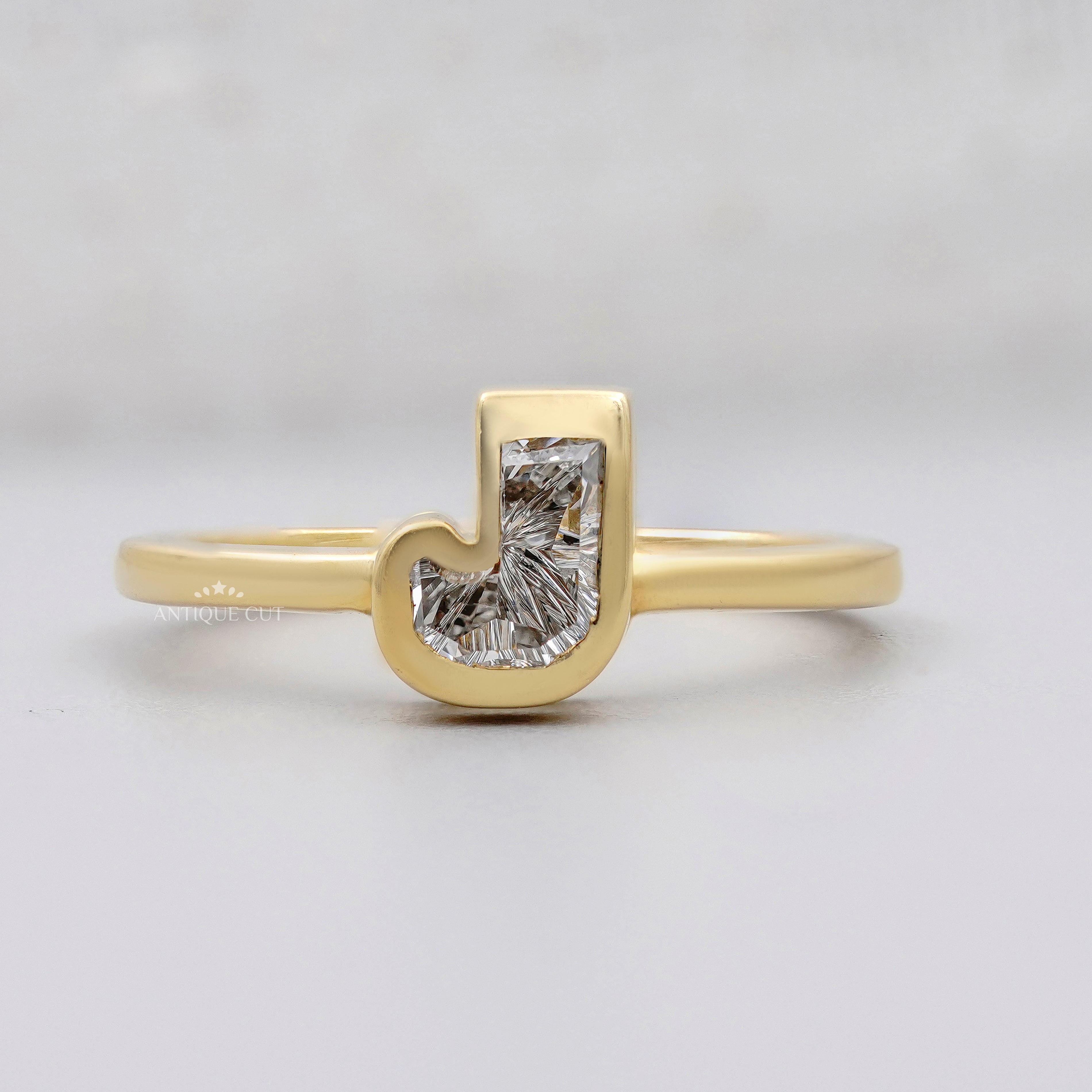 J Shape Initial Design With Lab Grown Diamond Bezel Set Ring