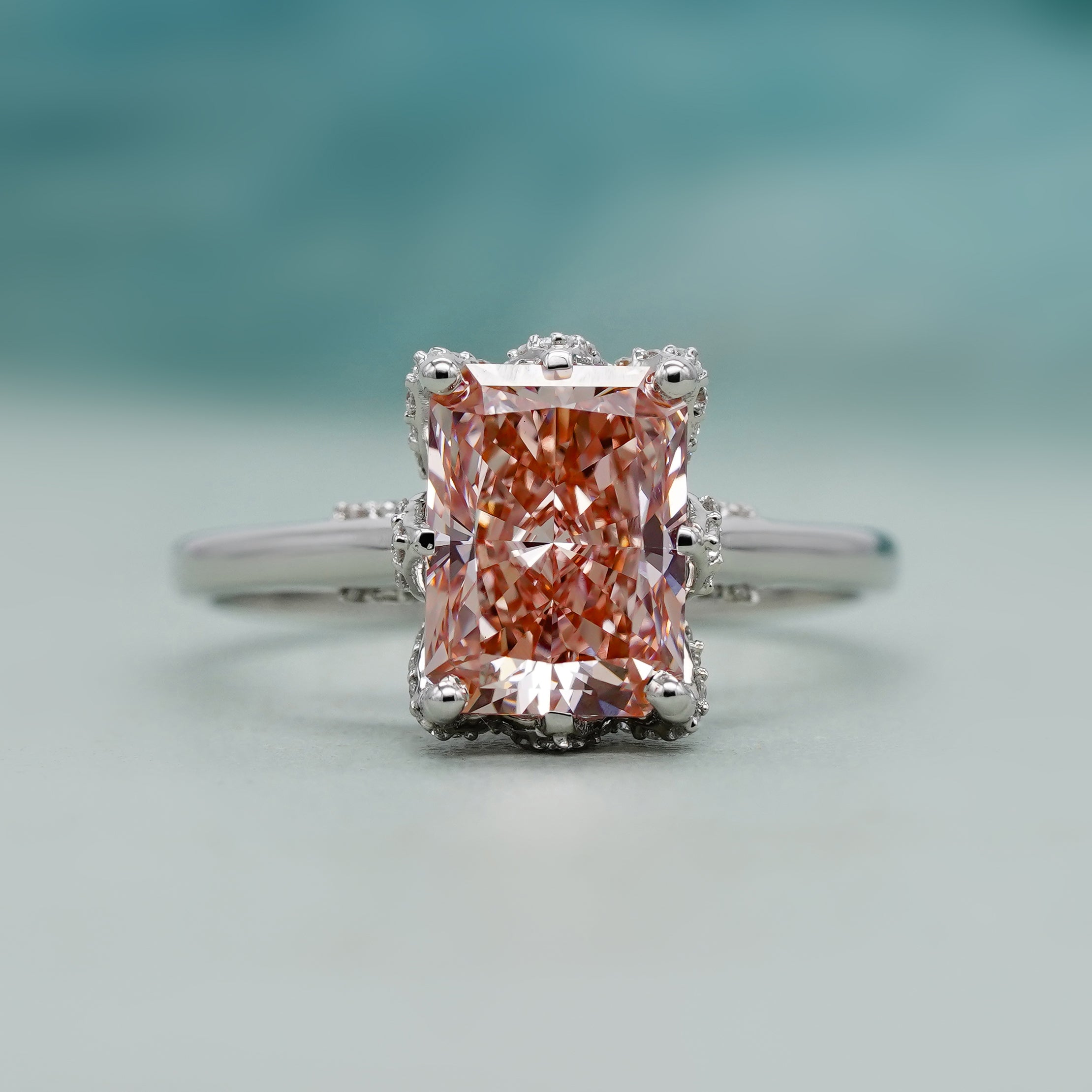 Fancy Pink Radiant Lab Diamond Ring Cathedral Solitaire