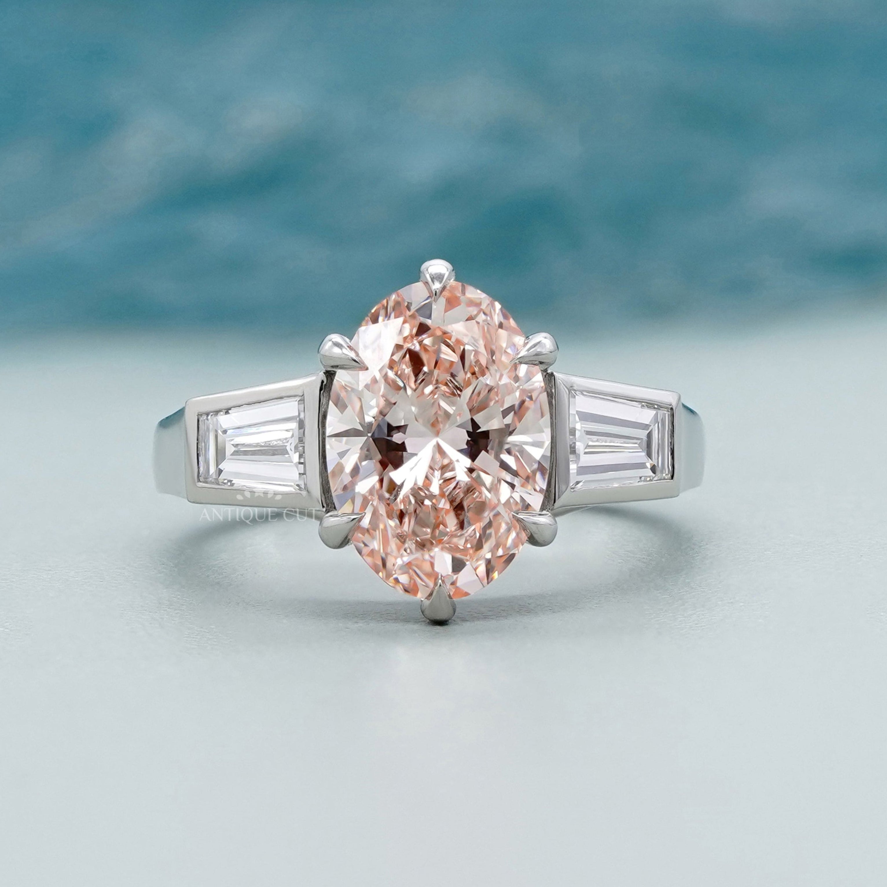 Pink oval diamond ring three stone white gold 6 prong