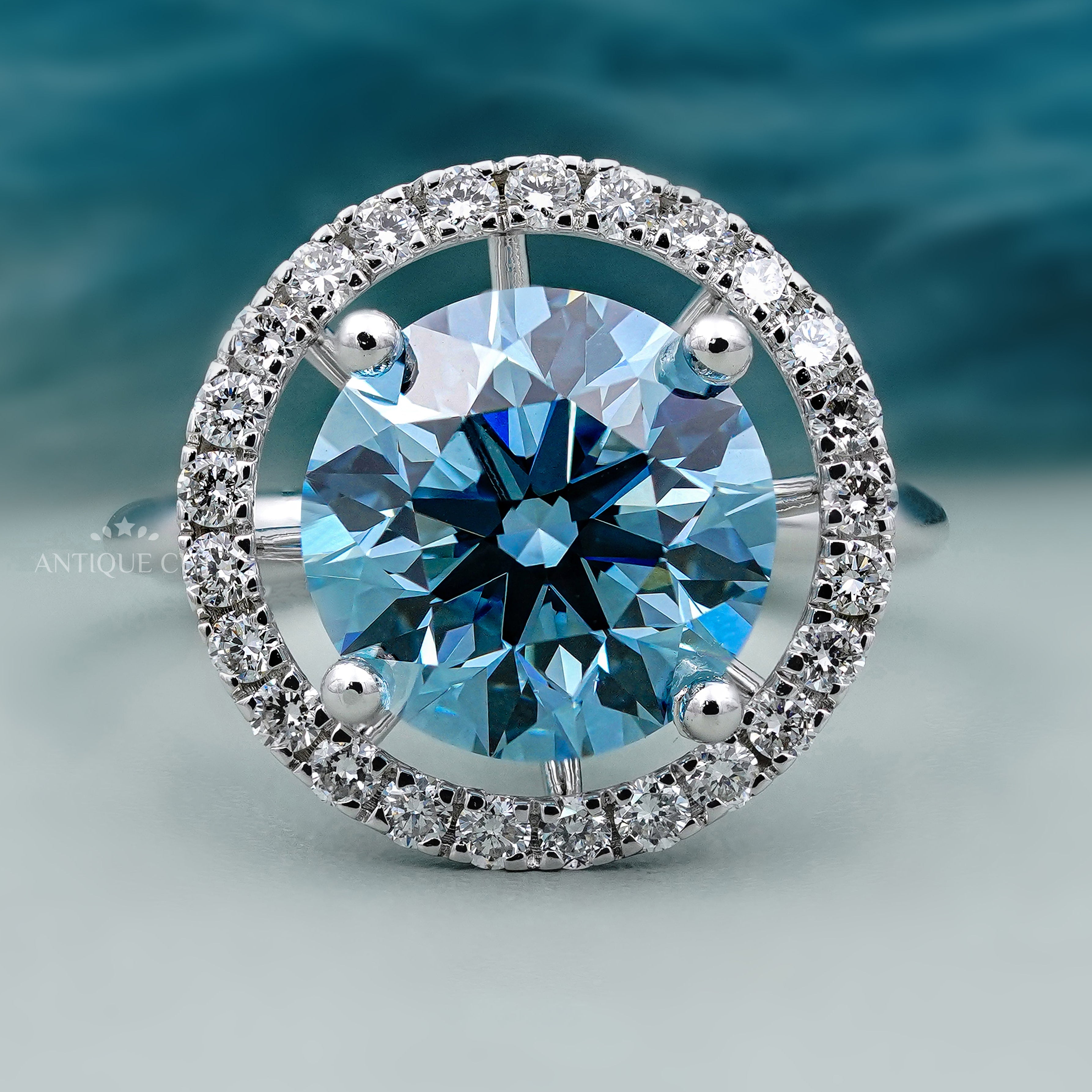 Fancy Blue Diamond Ring round halo engagement 4 prong