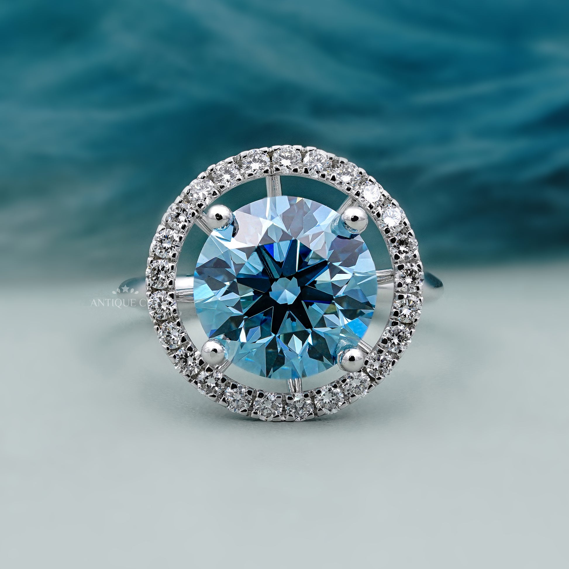 Fancy Blue Diamond Ring round halo engagement 4 prong