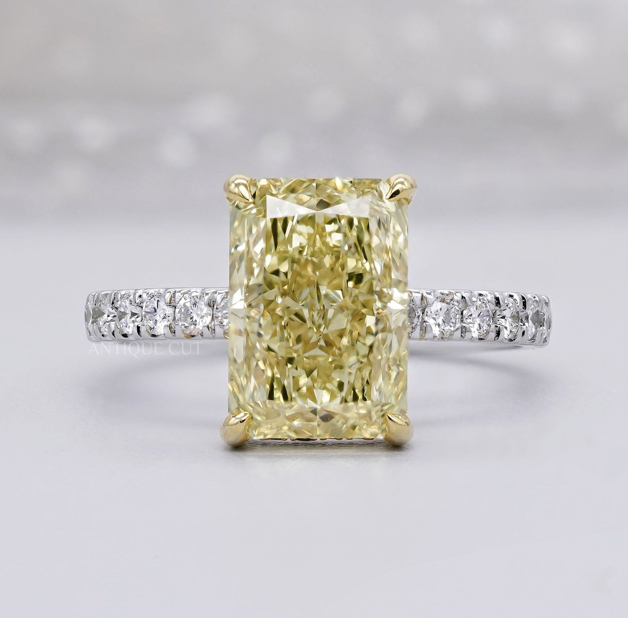 Fancy Yellow Radiant Cut Diamond Ring hidden halo pave band