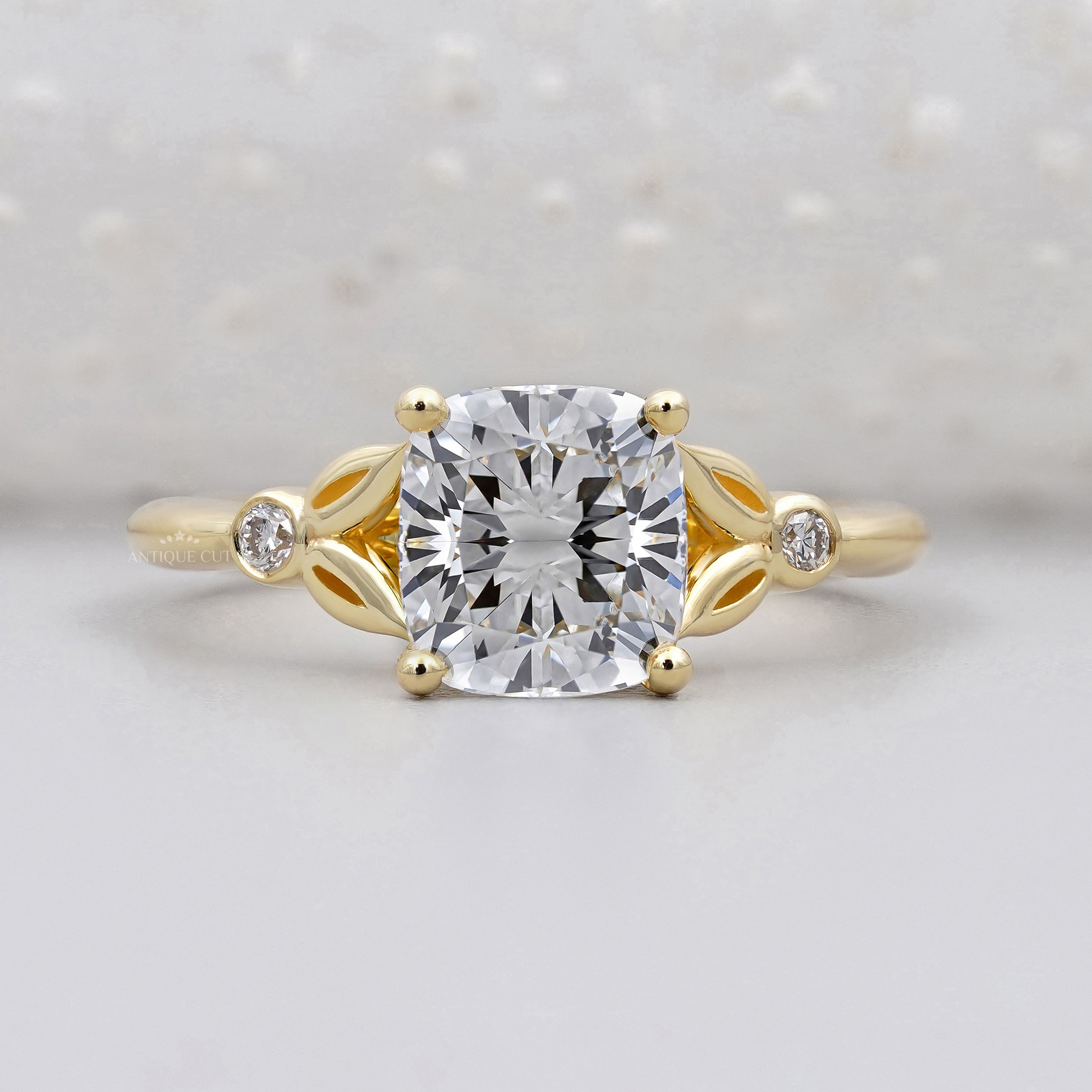 Cushion Solitaire Engagement Ring With Side Stone | Yellow Gold |  IGI Certified