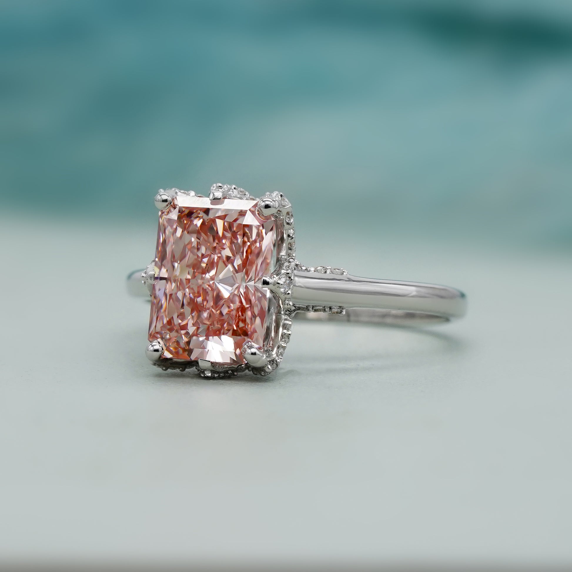 Fancy Pink 3.40ct Radiant Lab Diamond Ring | Cathedral Solitaire Setting | IGI Certified | VVS-VS Clarity | Engagement Jewelry