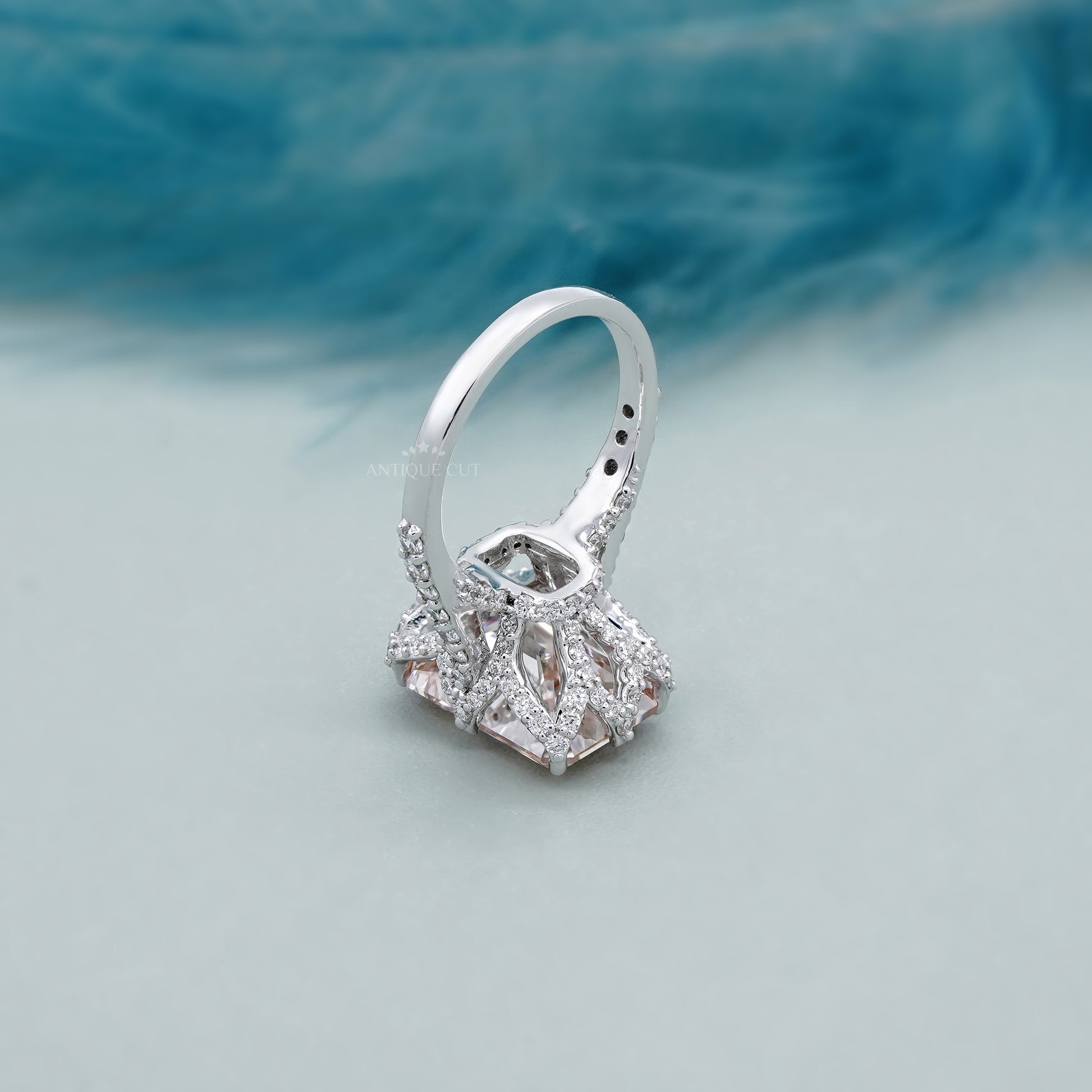 Fancy Pink Radiant 6.50tcw Lab Diamond Engagement Ring | IGI Certified | White Gold Pave Setting