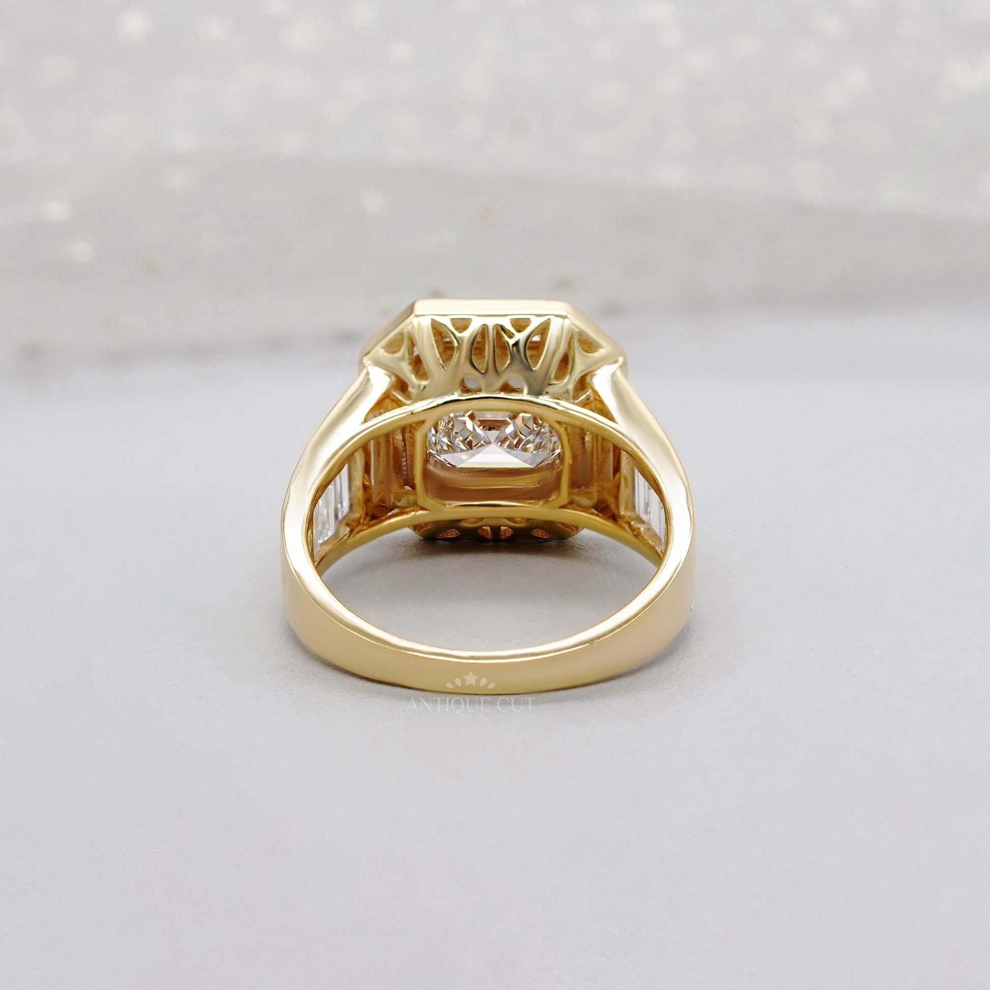 Asscher Cut 3.60ct Lab Grown Diamond Halo Engagement Ring | Baguette Side Stones in Yellow Gold | IGI Certified