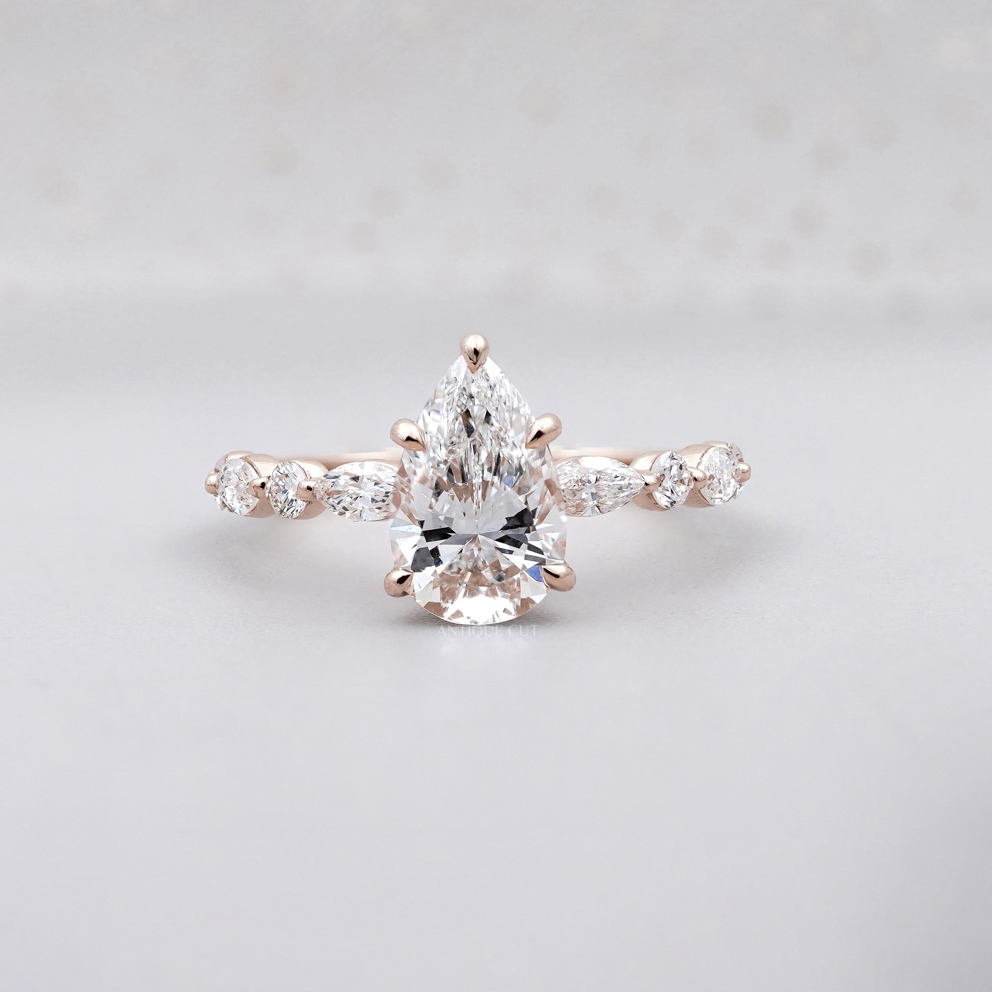 Pear 3.34tcw Lab Grown Diamond Vintage Engagement Ring | Marquise Side Stone Band | D–F Color | VVS–VS Clarity | IGI Certified