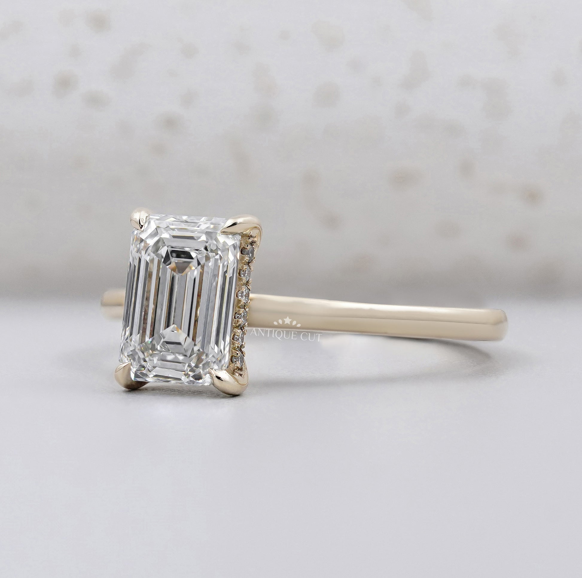 Yellow Gold Hidden Halo Emerald Cut Engagement Ring