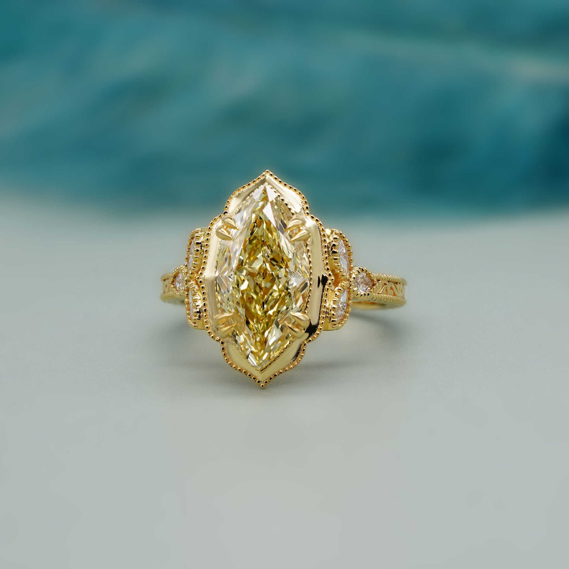 Marquise 3.60tcw Fancy Yellow Lab Diamond Engagement Ring | Vintage Cathedral | IGI Certified