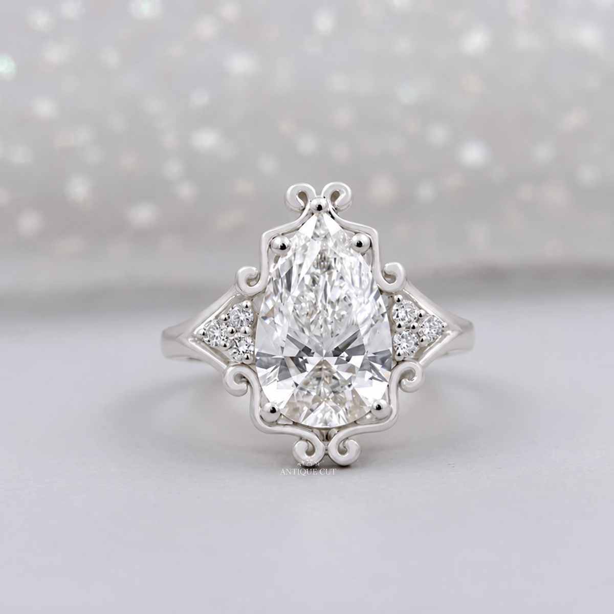 3.5 Carat Lab Grown Pear Cut Vintage Engagement Ring in Yellow Gold