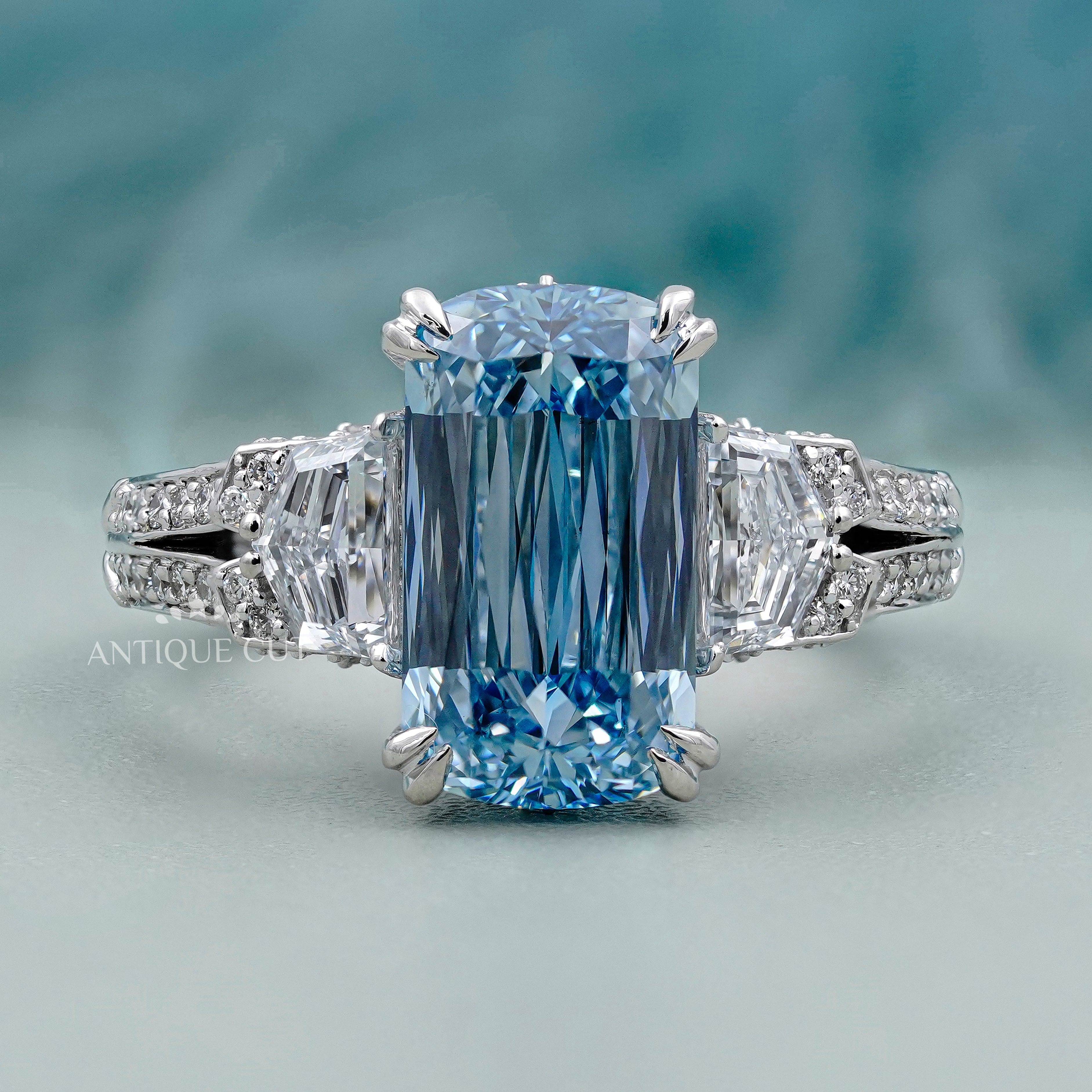 Cushion cut fancy blue diamond ring double prong setting