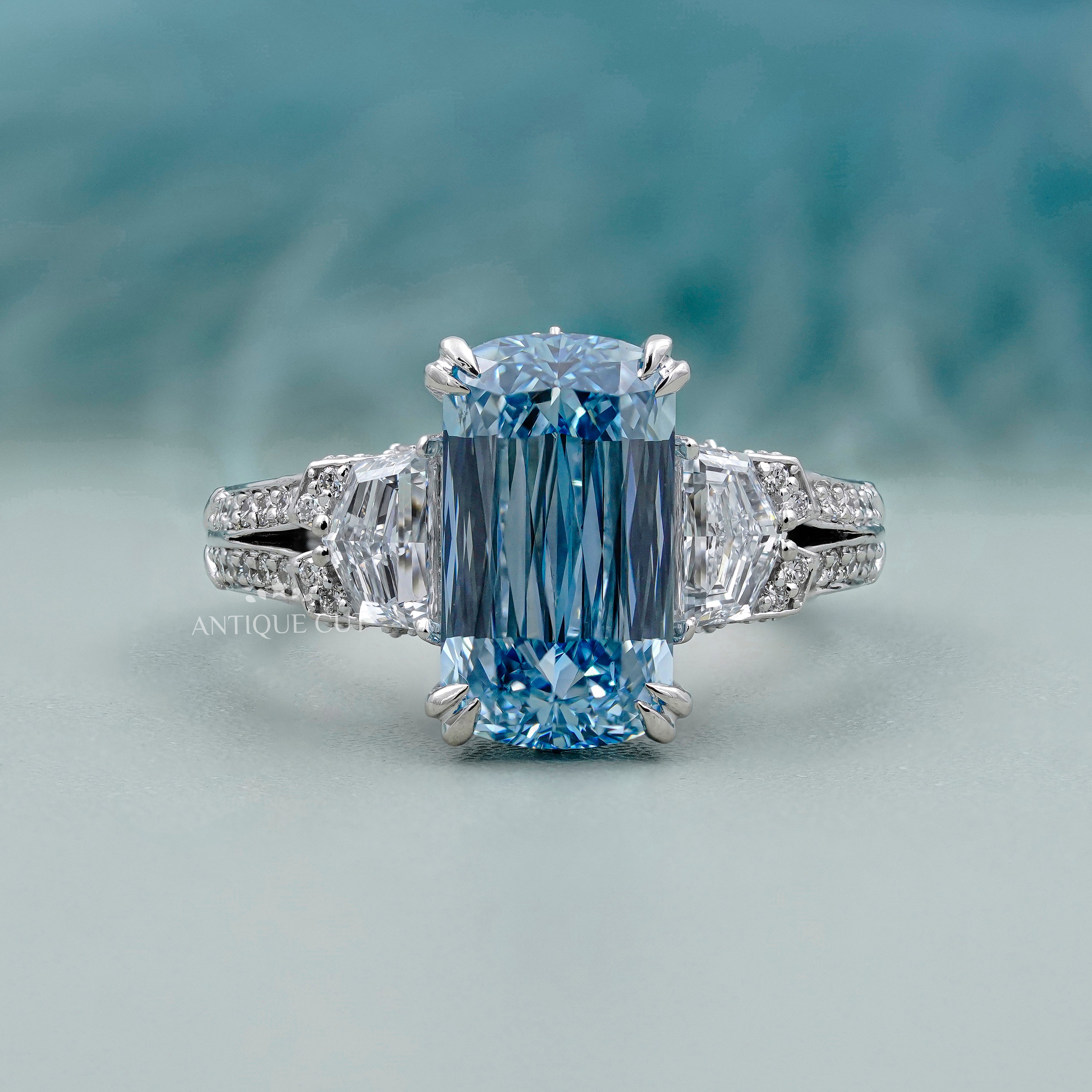 Blue Cushion Cut Diamond Engagement Ring