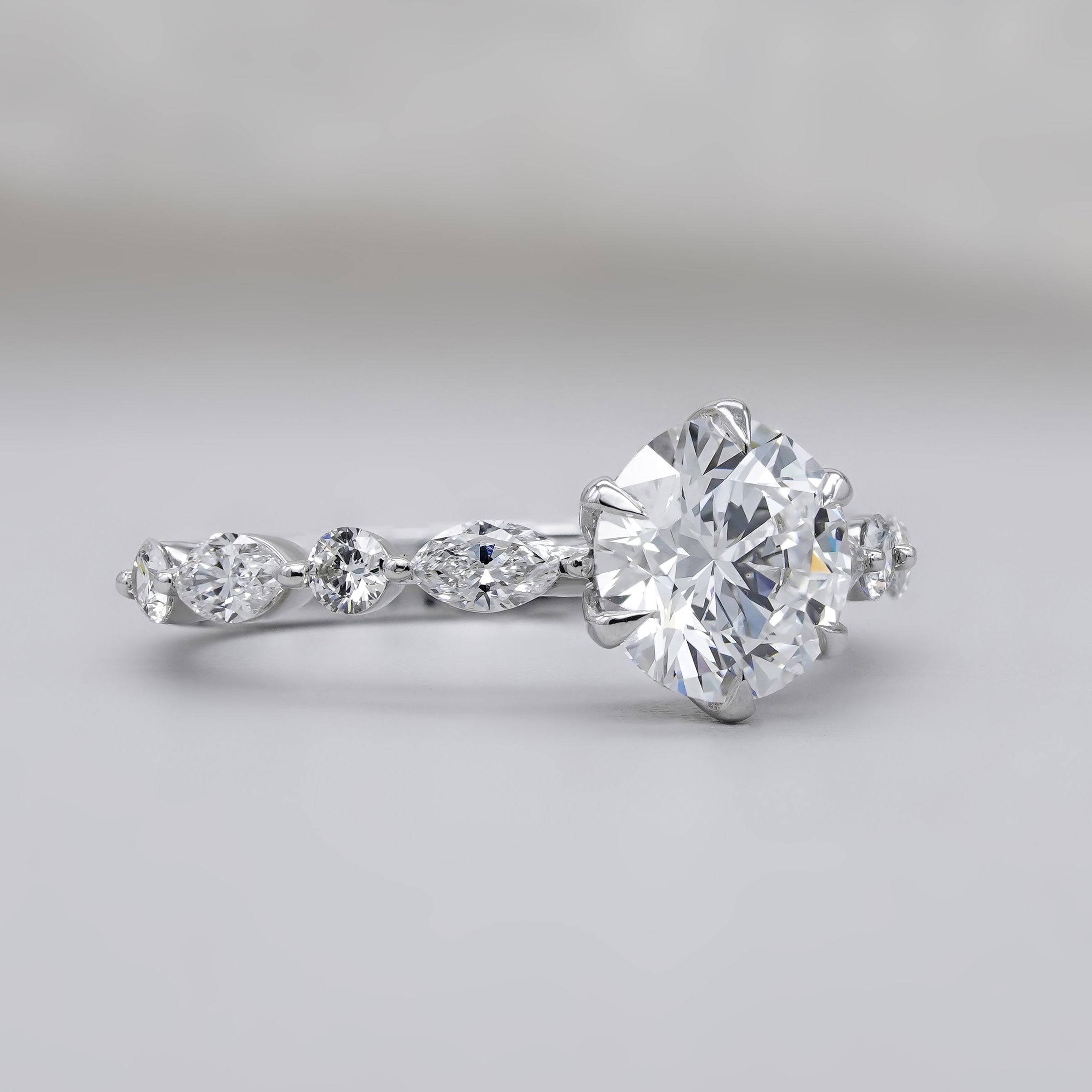 Round Cut Diamond Ring 6 Prong Engagement Ring with Pave Diamond Band