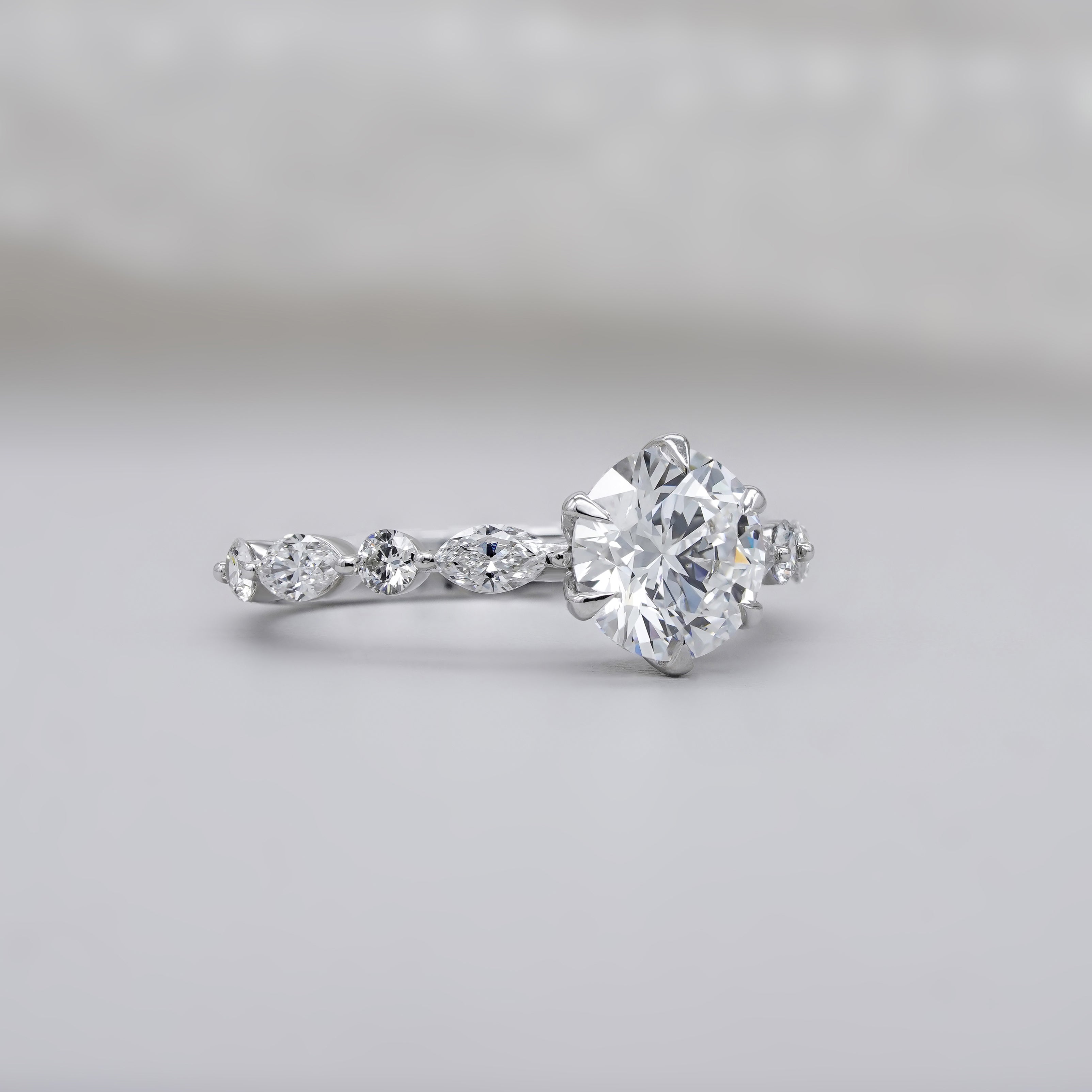 Round Cut Diamond Ring – 6 Prong Engagement Ring with Pave Diamond Band