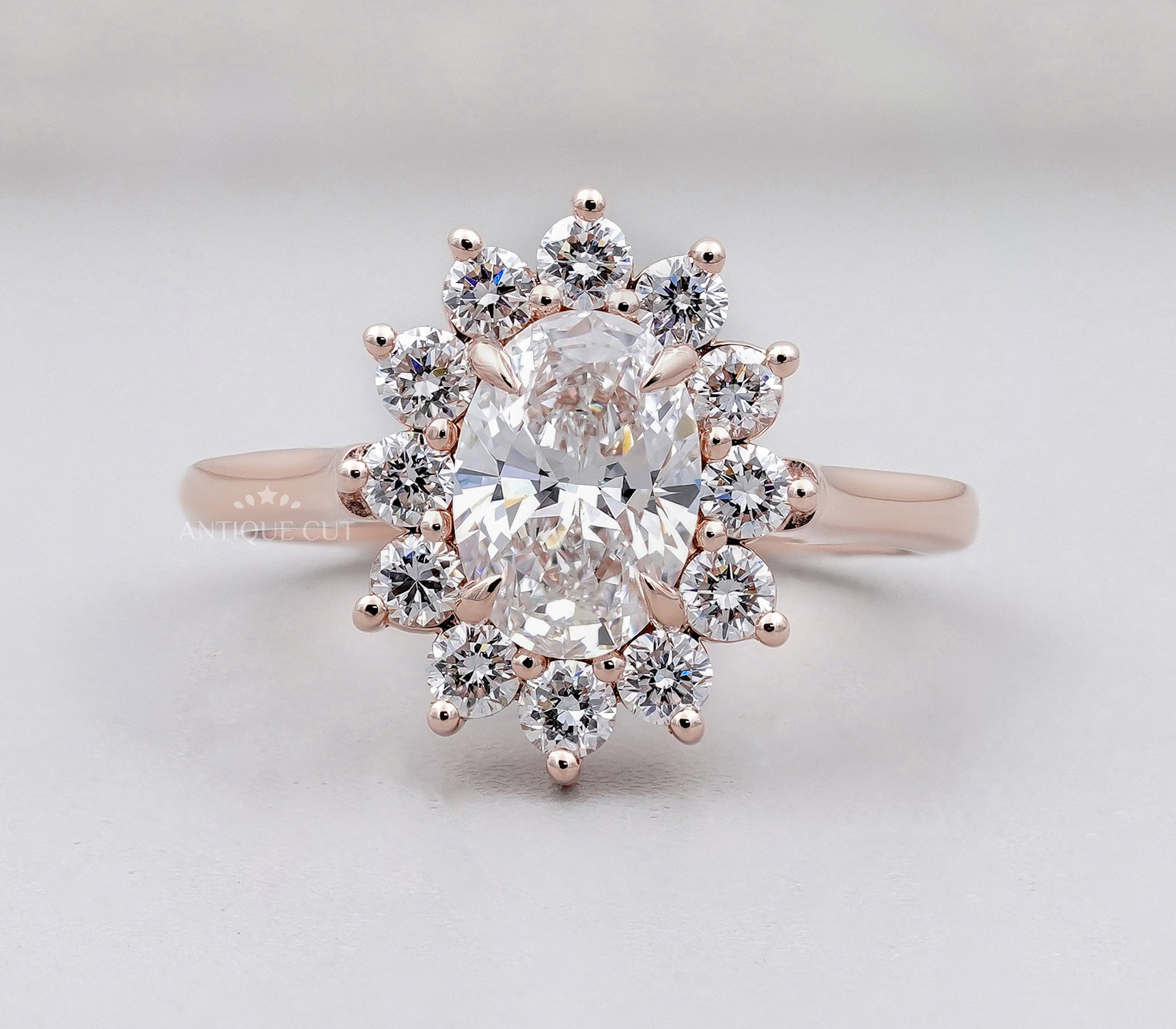 Oval Rose Gold Halo Engagement Ring With Floral Style Round Diamond Accent | IGI Certified