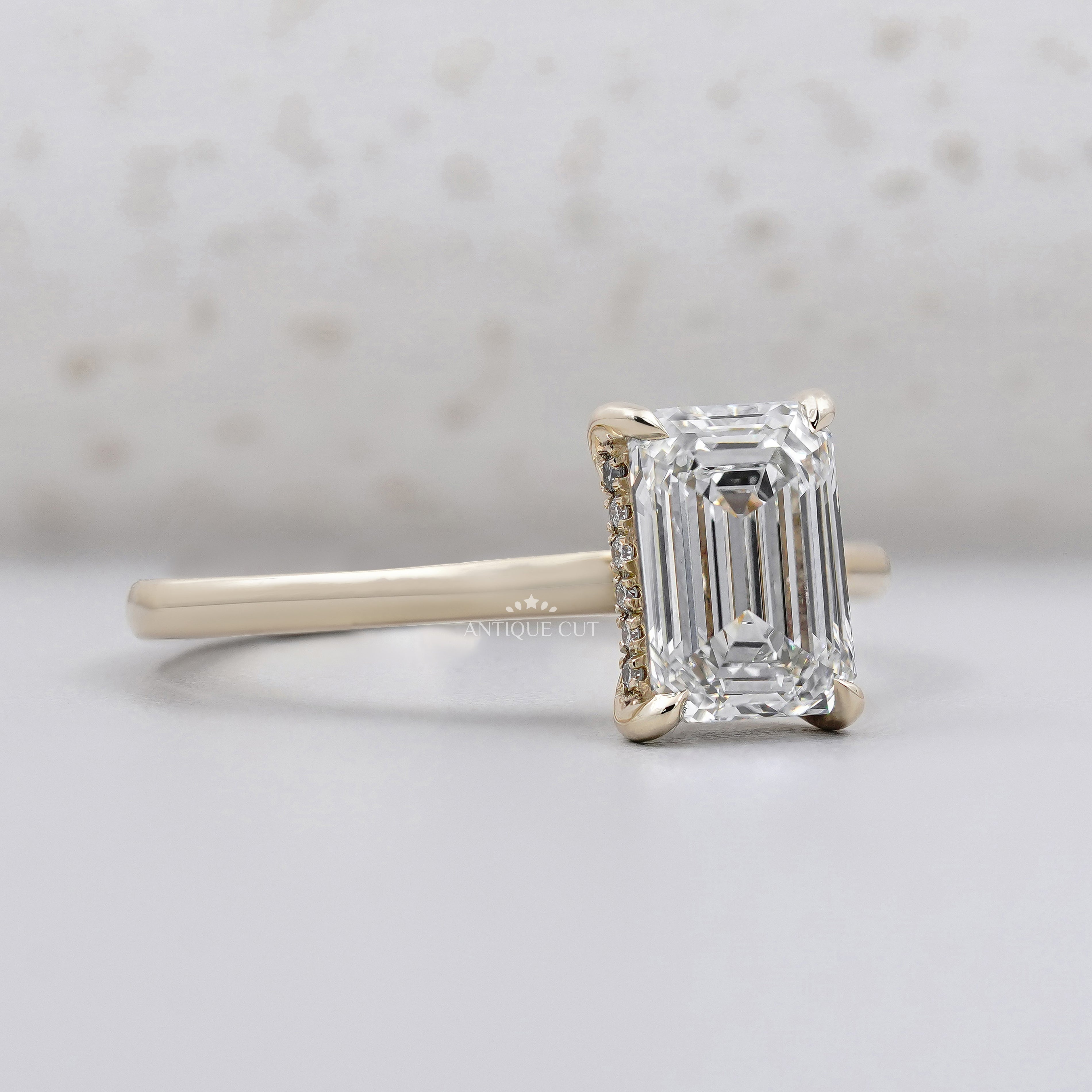 Yellow Gold Hidden Halo Emerald Cut Engagement Ring