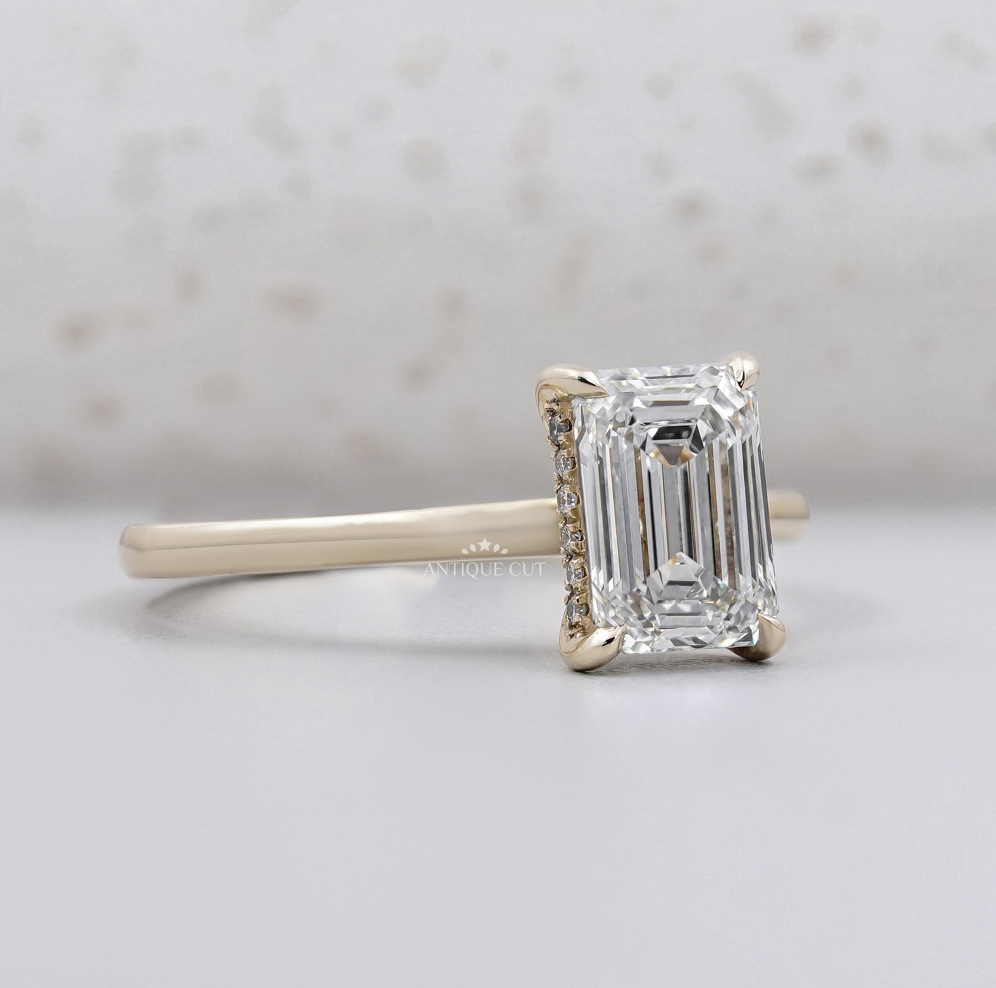 Yellow Gold Hidden Halo Emerald Cut Engagement Ring