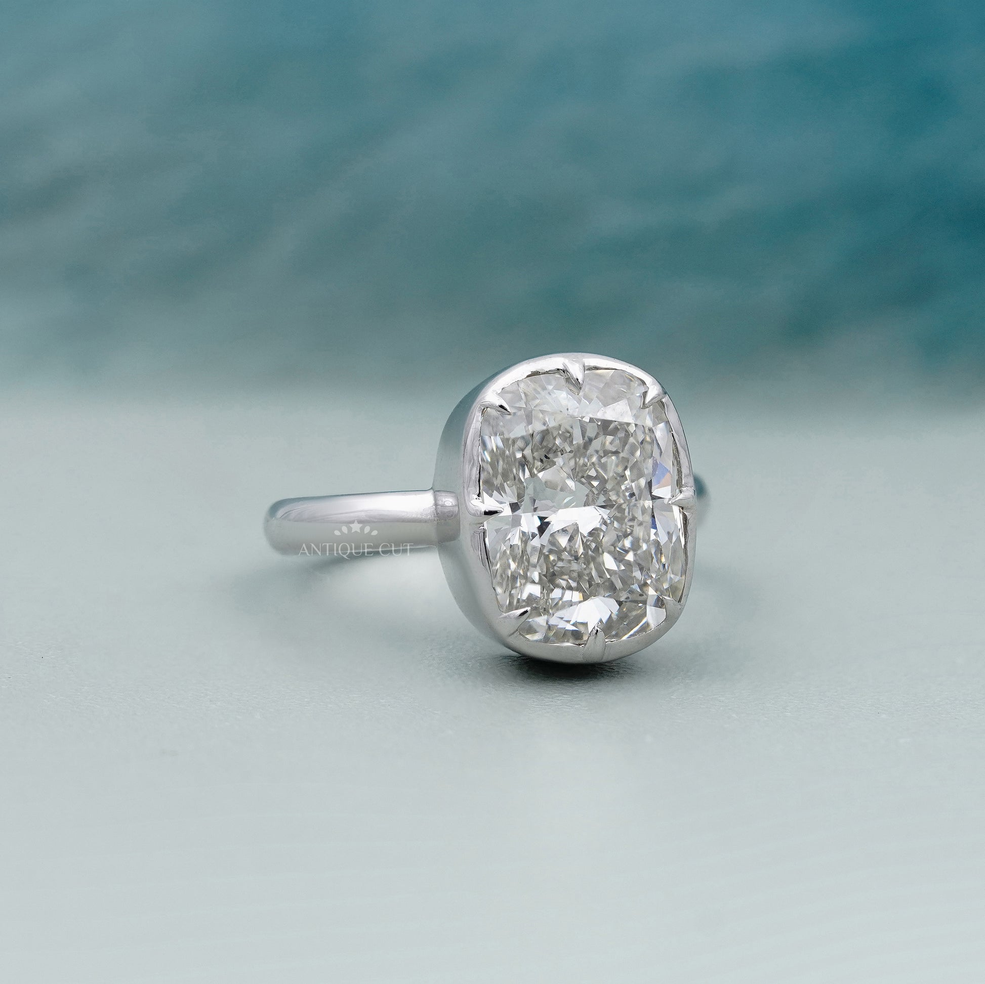Elongated cushion lab grown diamond engagement ring by Antiquecut