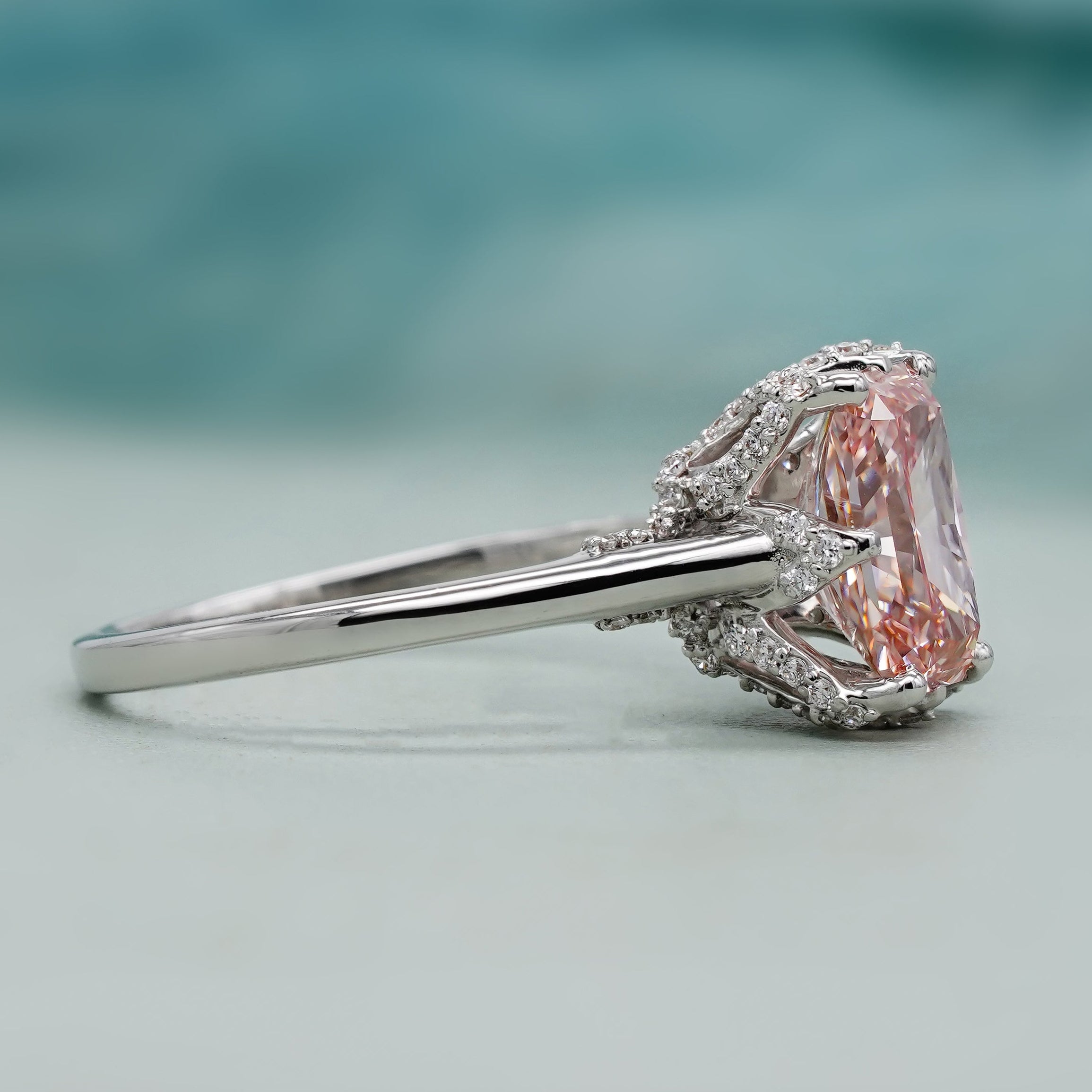 Lab grown pink radiant diamond ring white gold