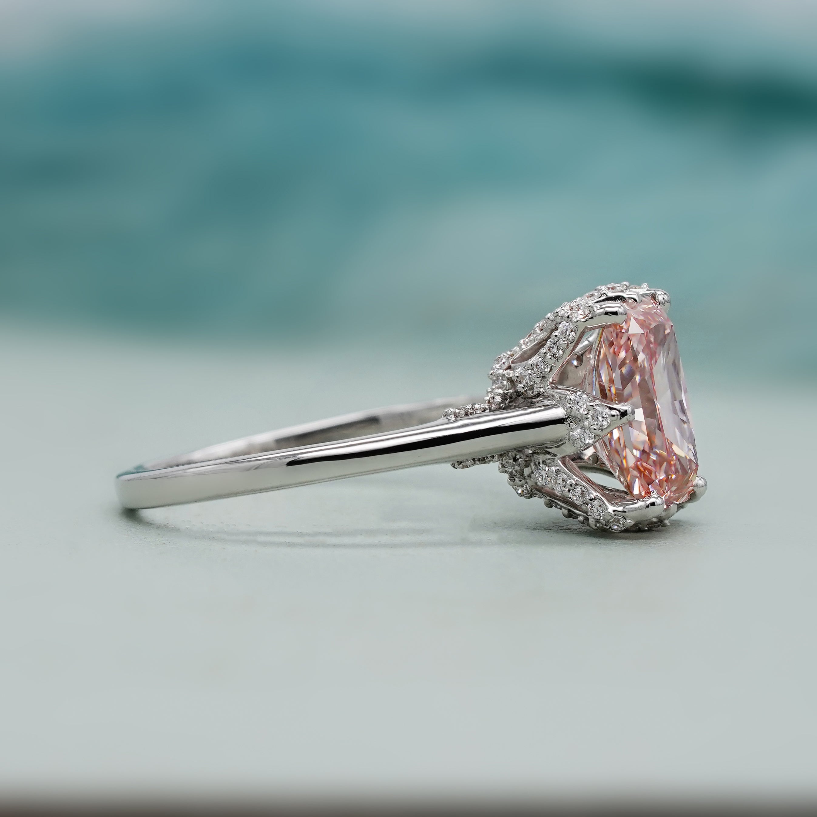 Lab grown pink radiant diamond ring white gold