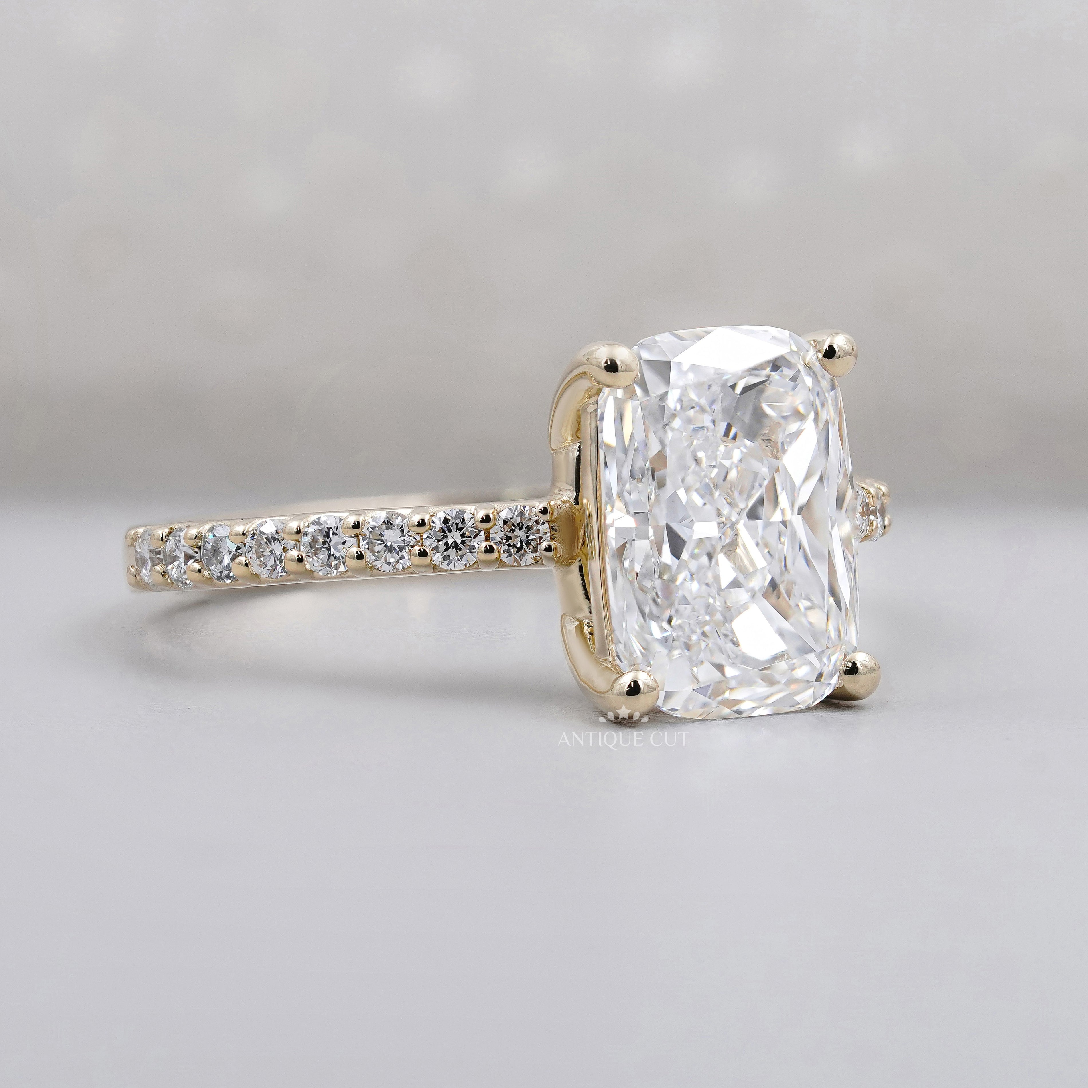 Cushion Cut Diamond Ring with Pave Band