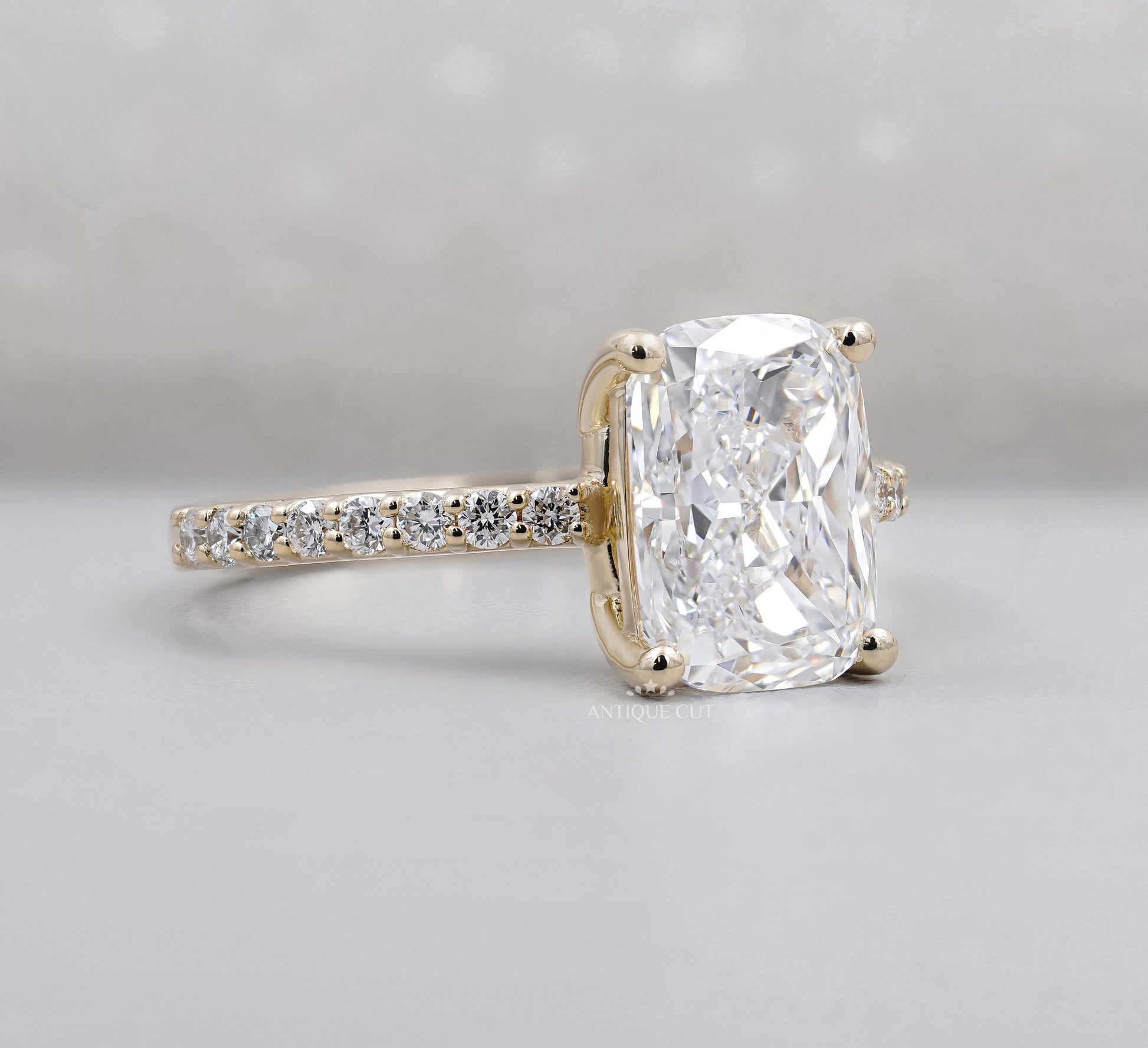 Cushion Cut Diamond Ring with Pave Band