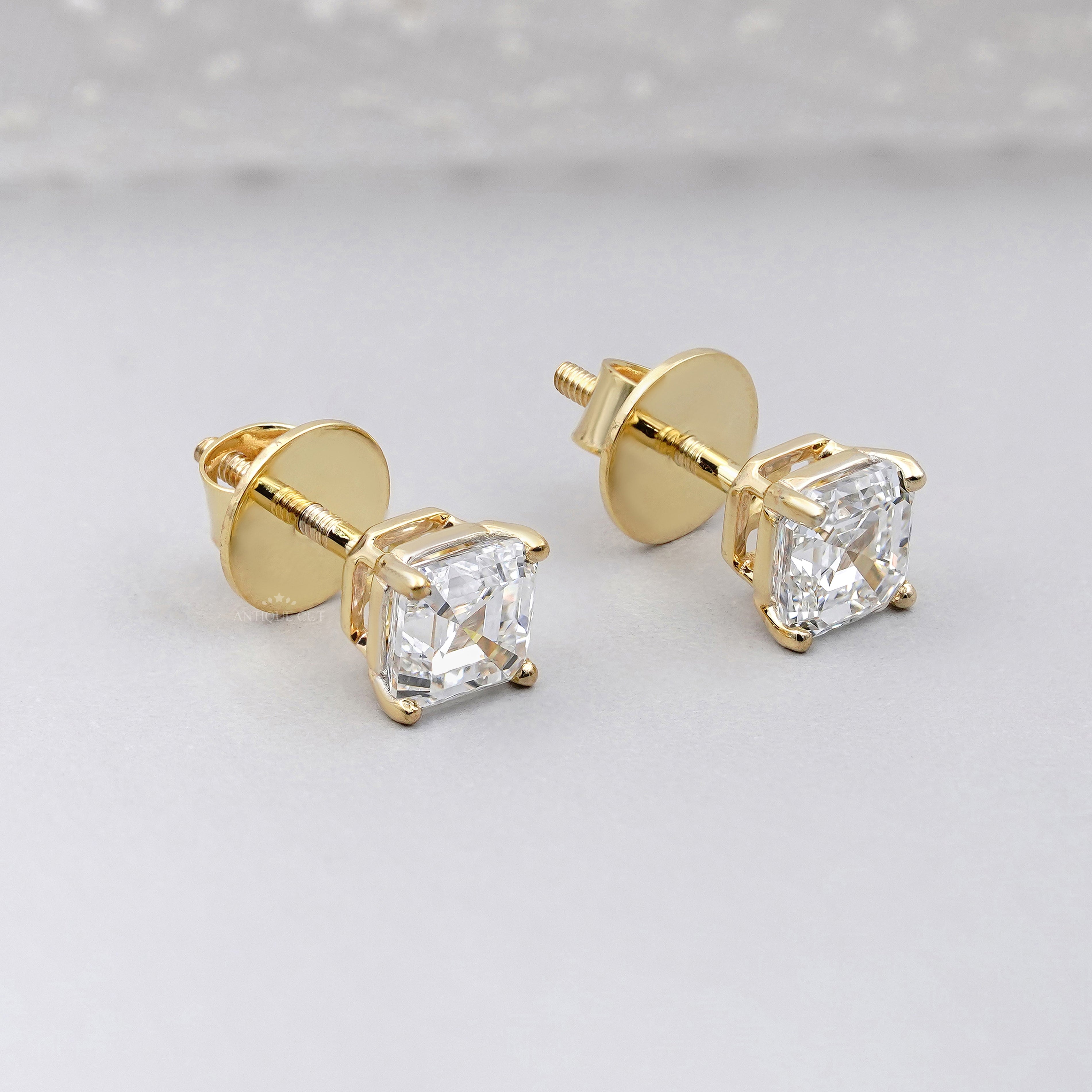 Asscher Cut Diamond Stud Earrings | Screw Back Studs | Solitaire Diamond Earrings