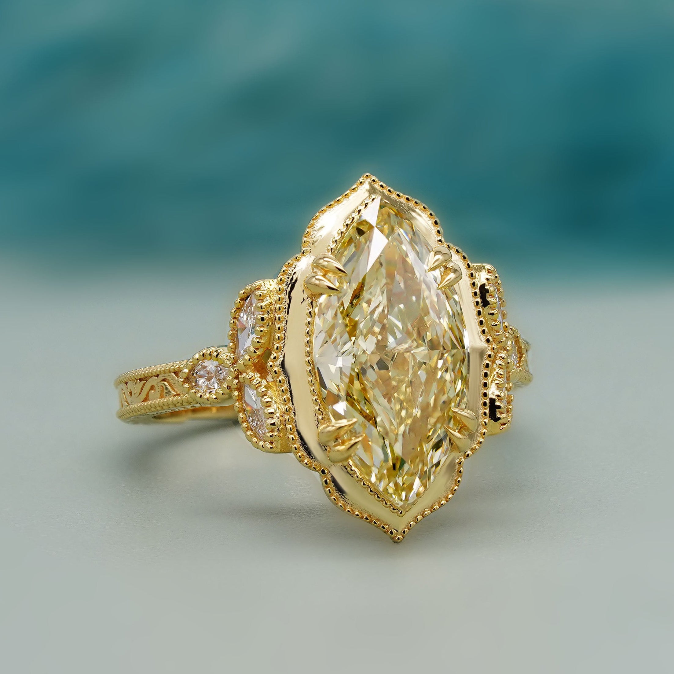 IGI certified yellow marquise diamond ring vintage cathedral