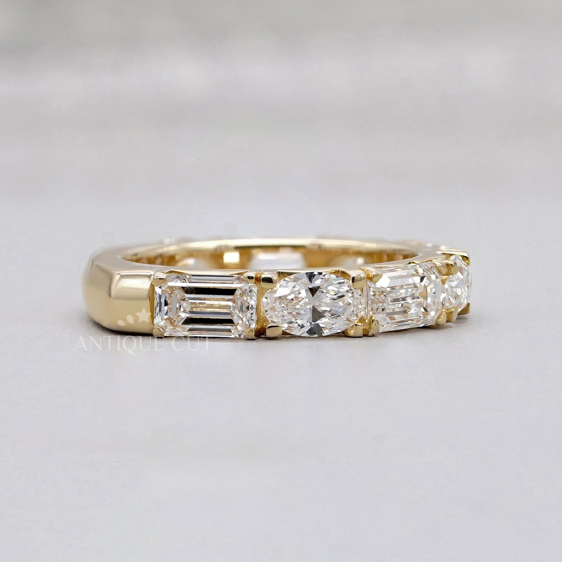 Emerald & Oval 3.00tcw Lab Grown Diamond Band Ring | IGI Certified | Yellow Gold | Half Eternity Style | VVS–VS Clarity