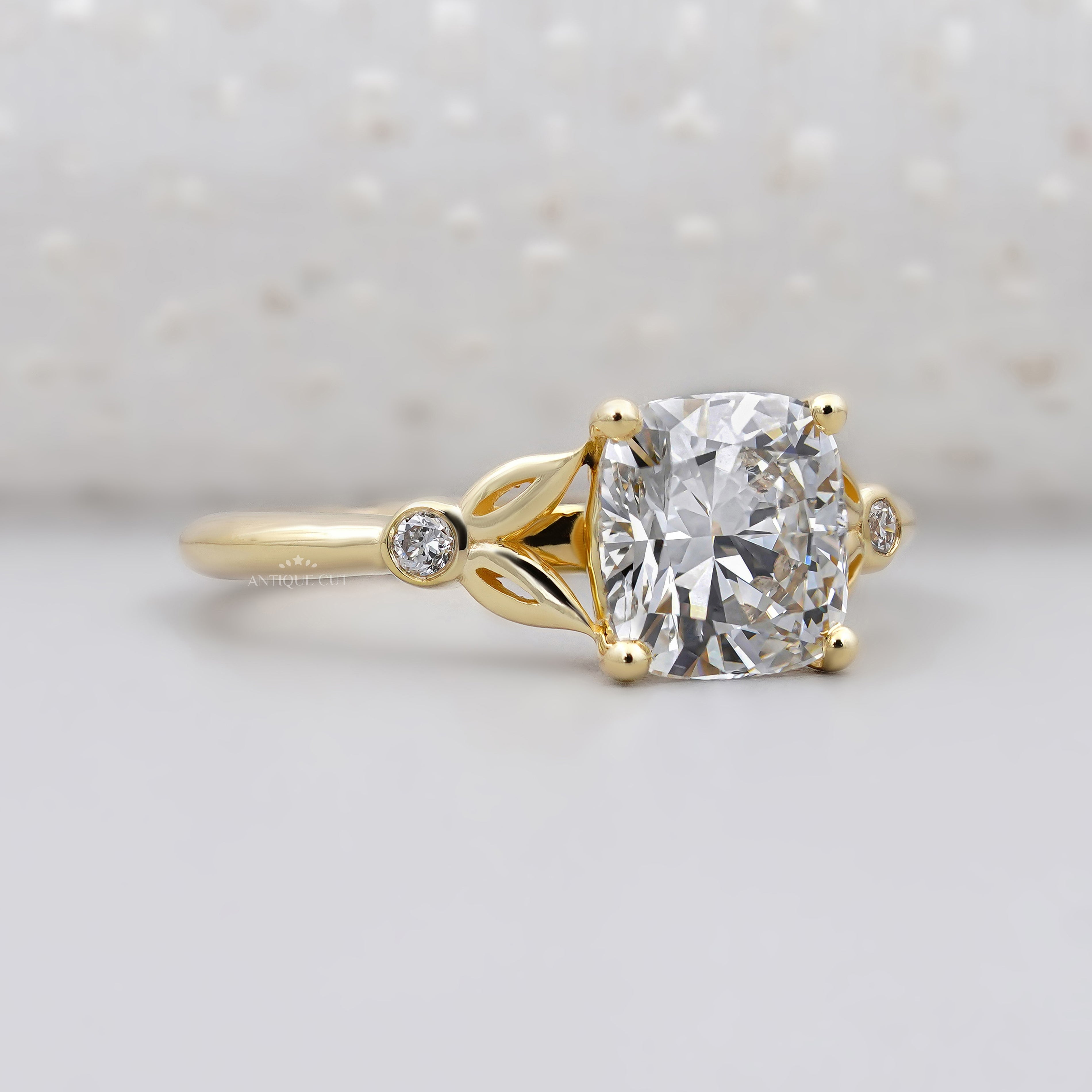 Cushion Solitaire Engagement Ring With Side Stone | Yellow Gold |  IGI Certified