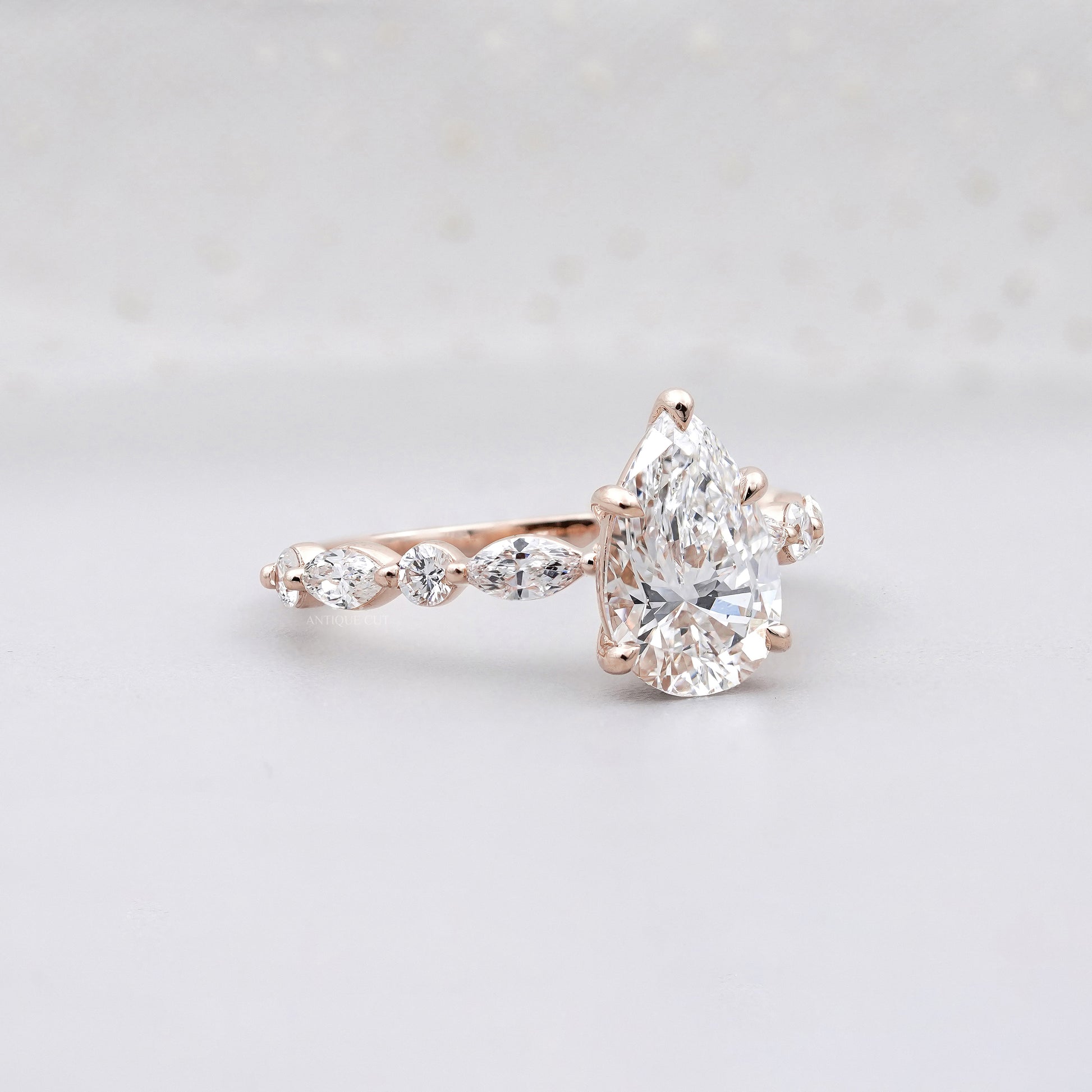 Pear 3.34tcw Lab Grown Diamond Vintage Engagement Ring | Marquise Side Stone Band | D–F Color | VVS–VS Clarity | IGI Certified