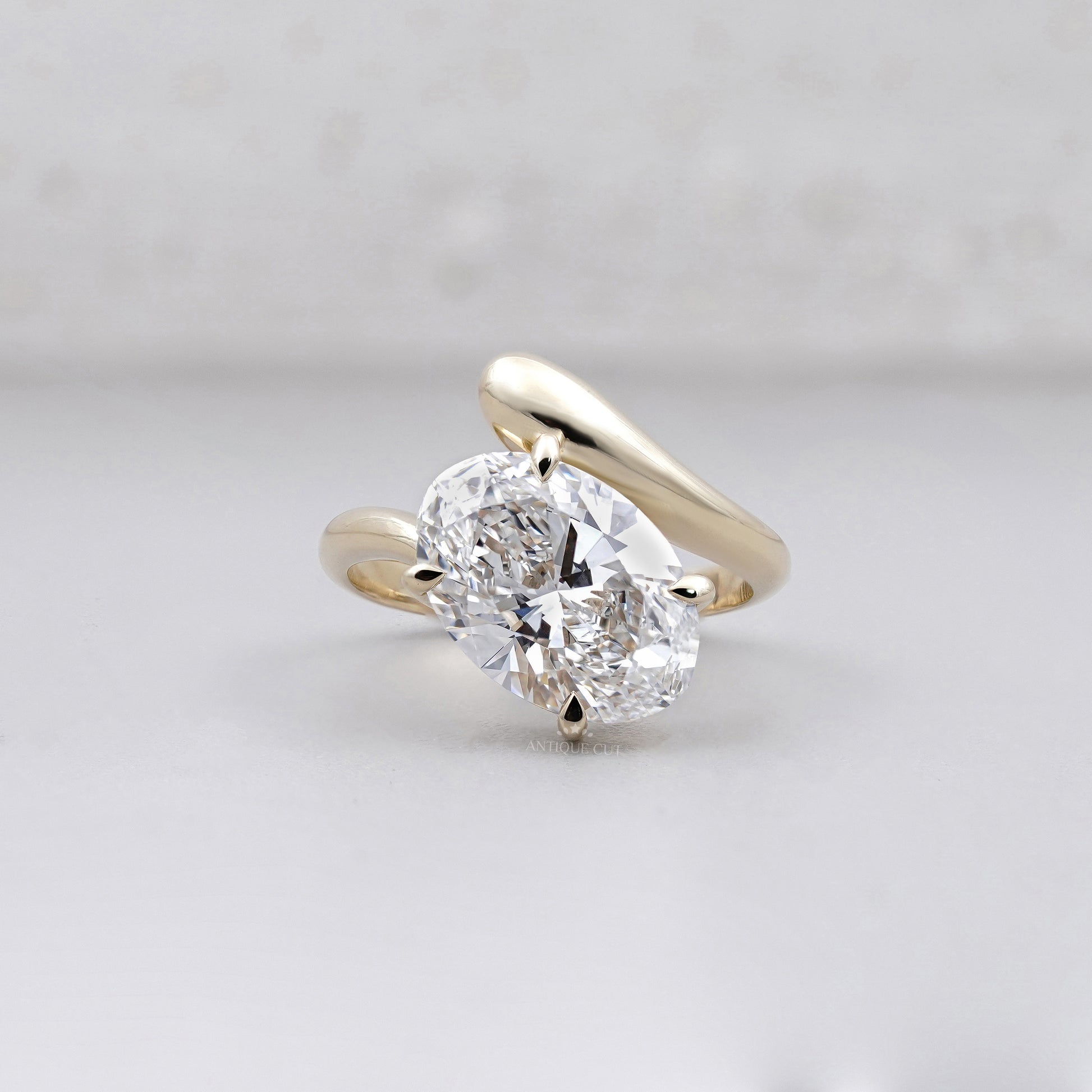 3.50ct Oval Cut Diamond Engagement Ring | Modern Bypass Setting in 14K Yellow Gold | Unique Solitaire Ring | Antique Cut Fine Jewelry