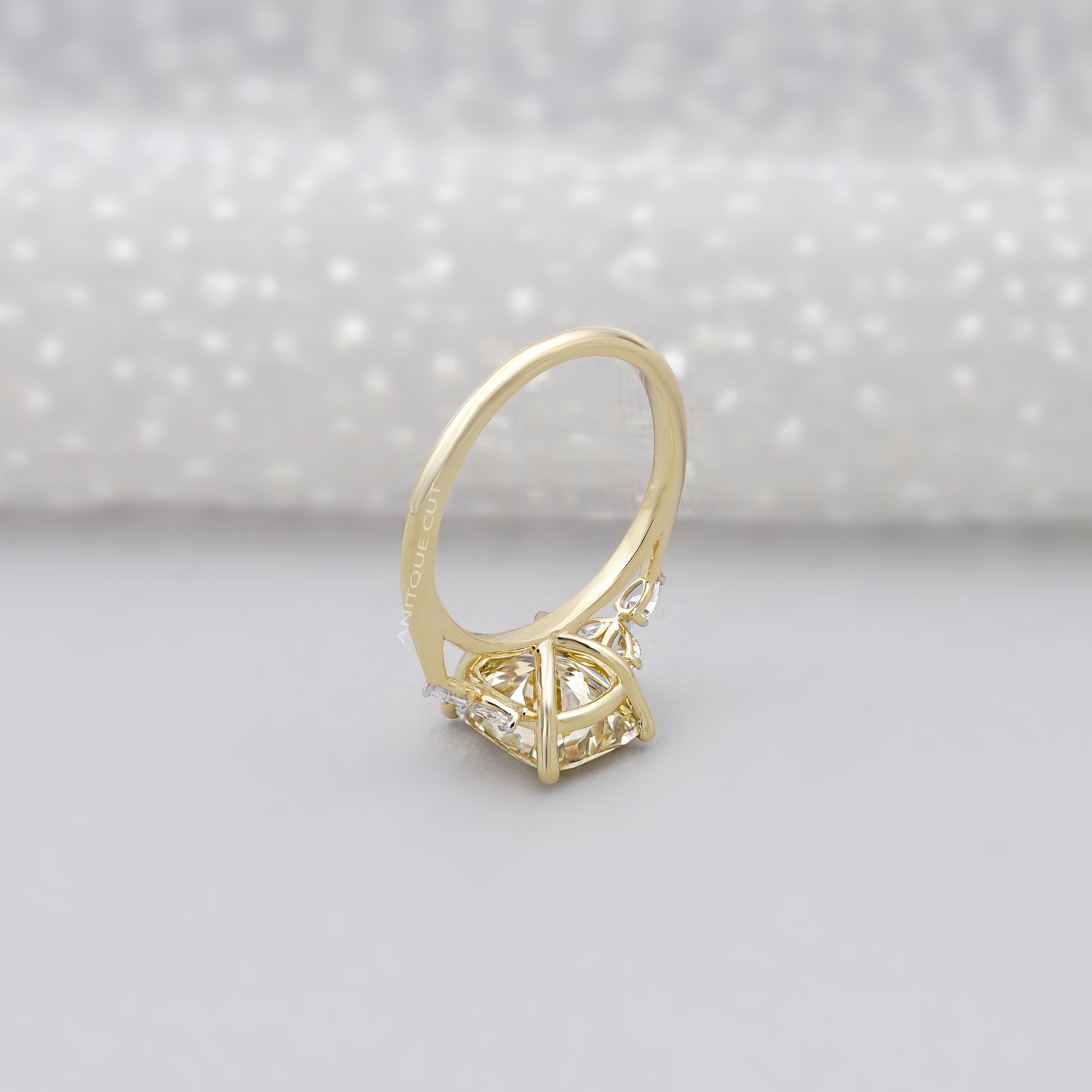 3.30tcw Fancy Yellow Cushion Cut Diamond Engagement Ring | 3.00ct Center | Yellow Gold | Floral Side Diamonds