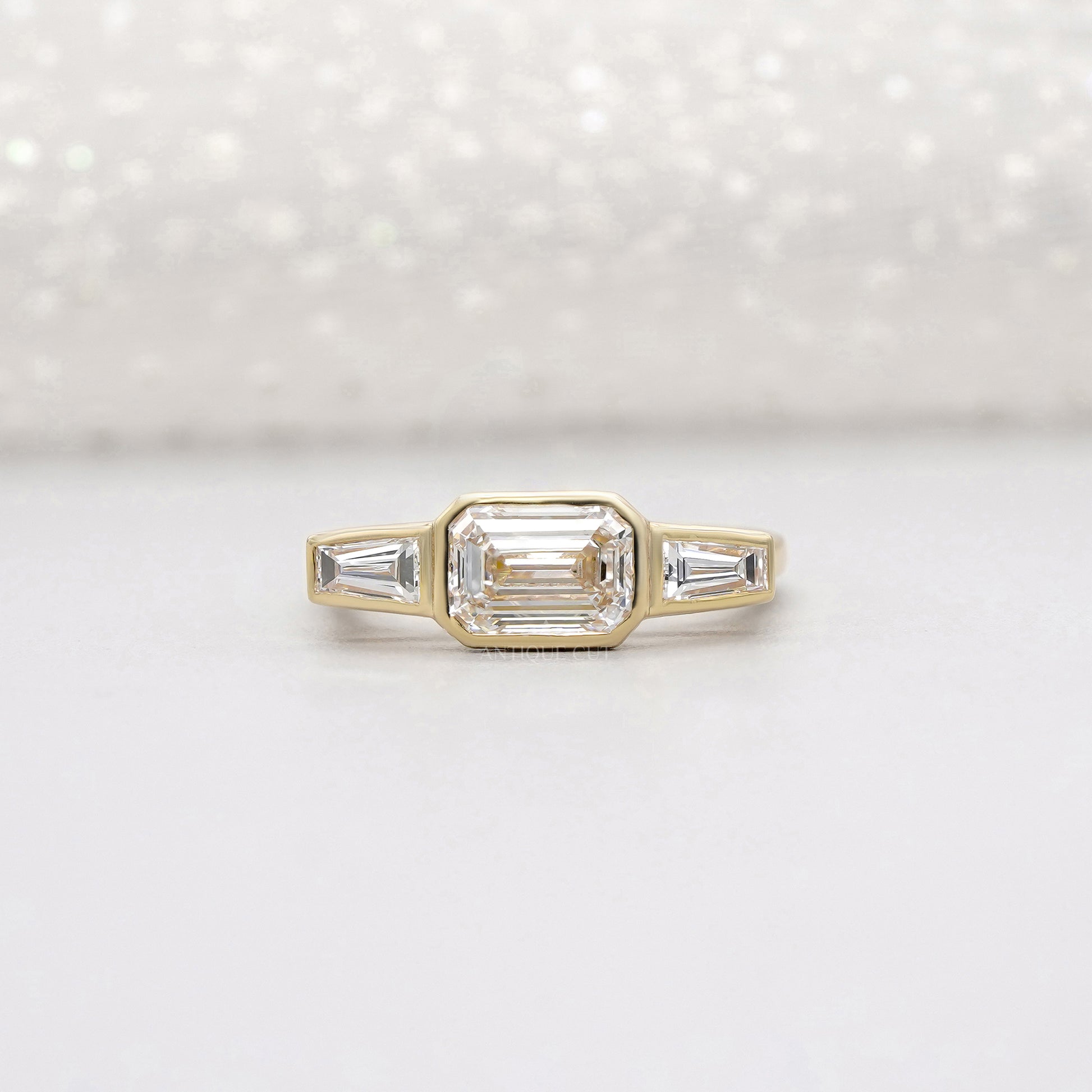 Emerald 2.20tcw Lab Grown Diamond Three Stone Engagement Ring in Yellow Gold