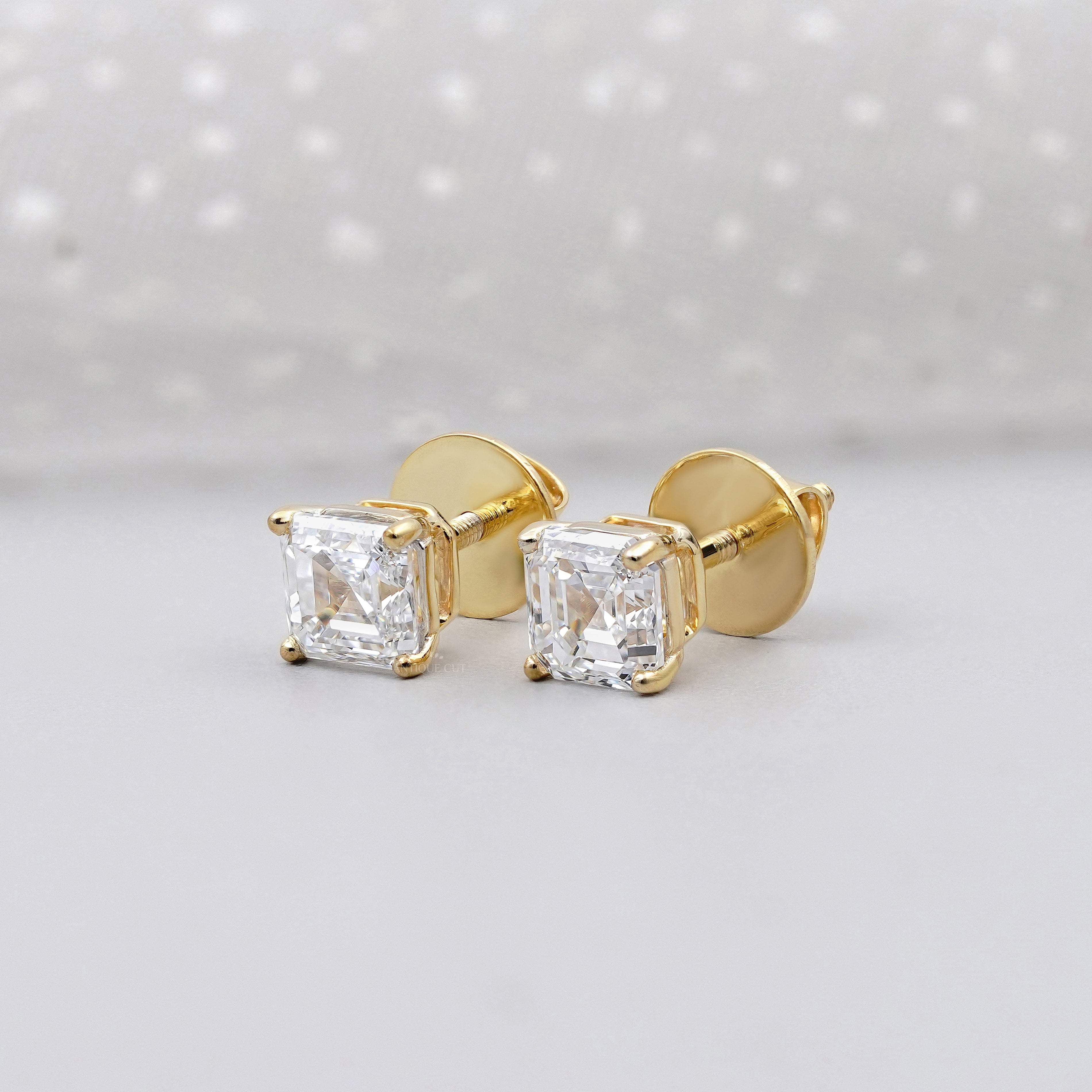 Asscher Cut Diamond Stud Earrings | Screw Back Studs | Solitaire Diamond Earrings