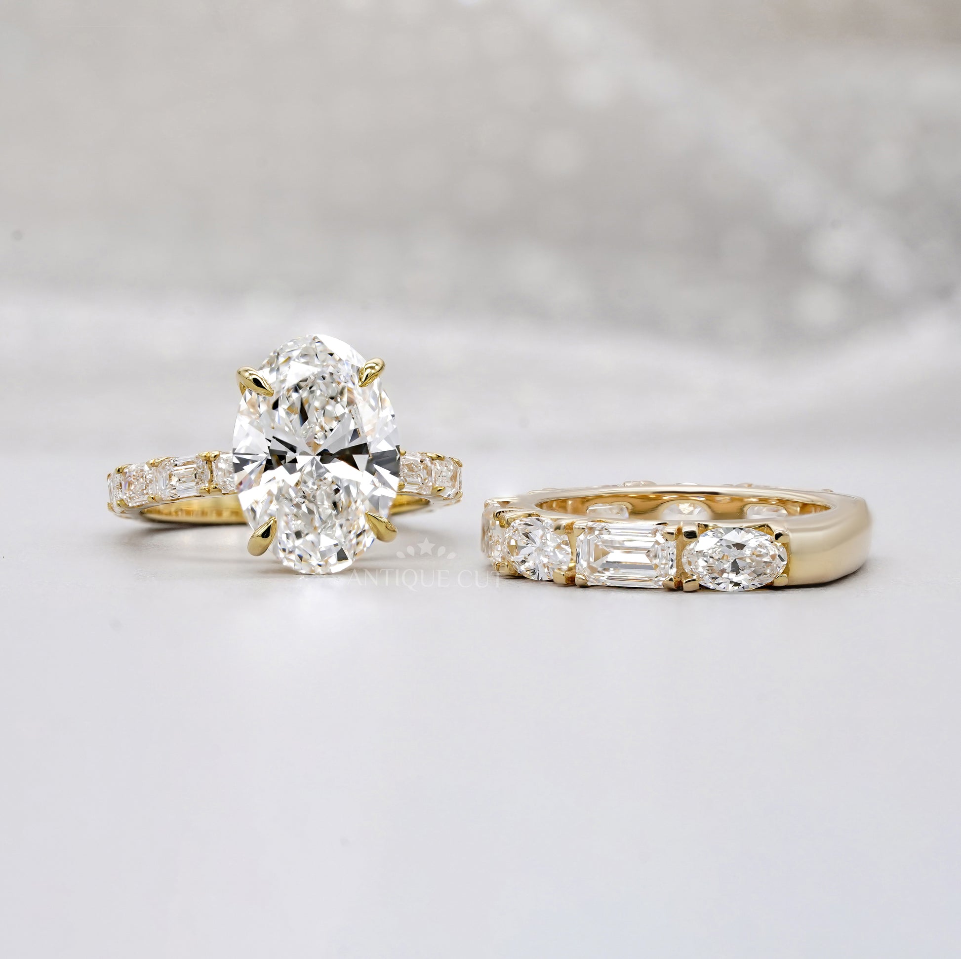 Oval 6.30tcw Lab Diamond Wedding Set | IGI Certified | Yellow Gold | Elegant 3-Stone + Matching Band