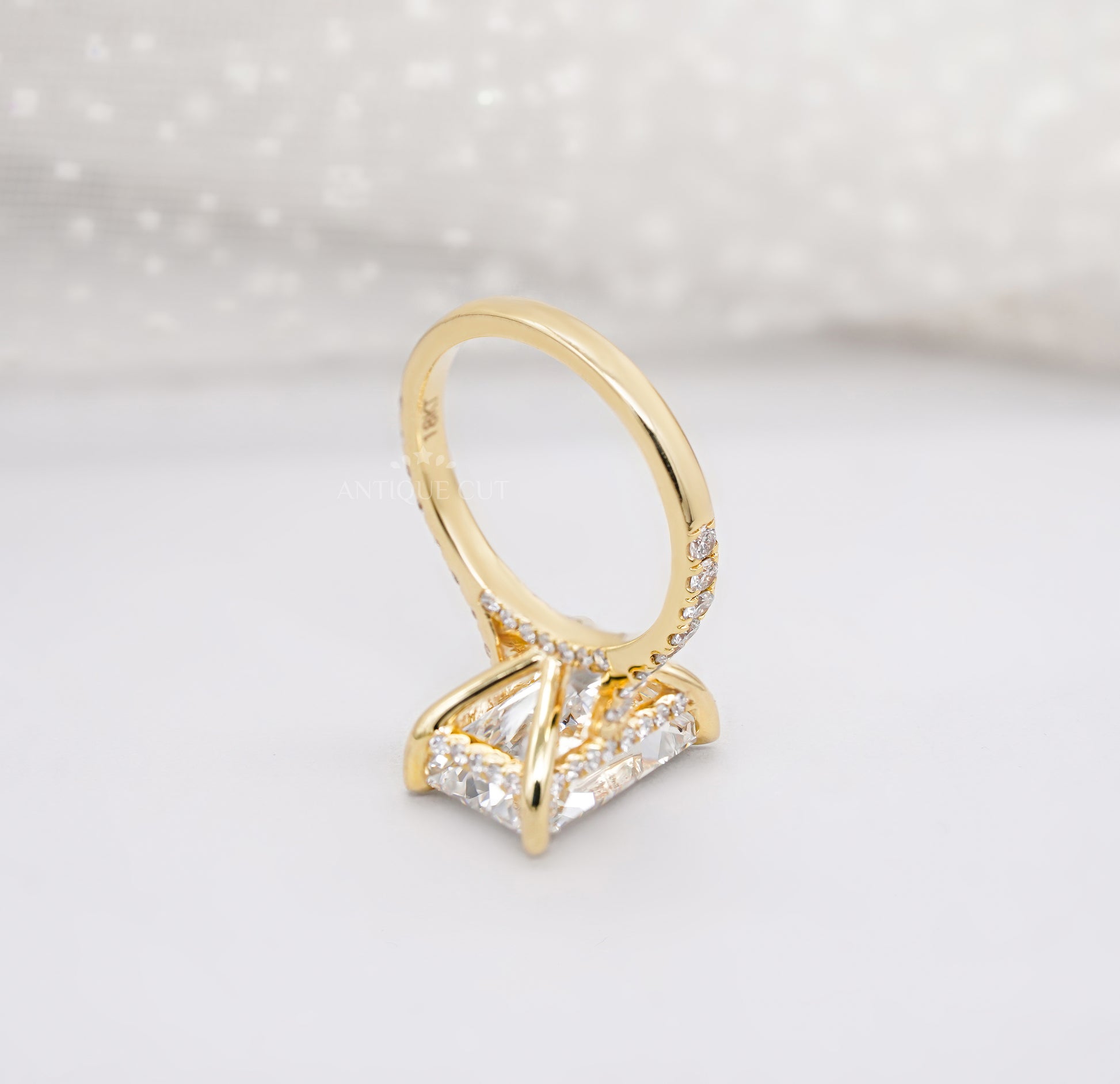 Radiant 5.60tcw Lab Grown Diamond Hidden Halo Pavé Engagement Ring | IGI Certified | Yellow Gold