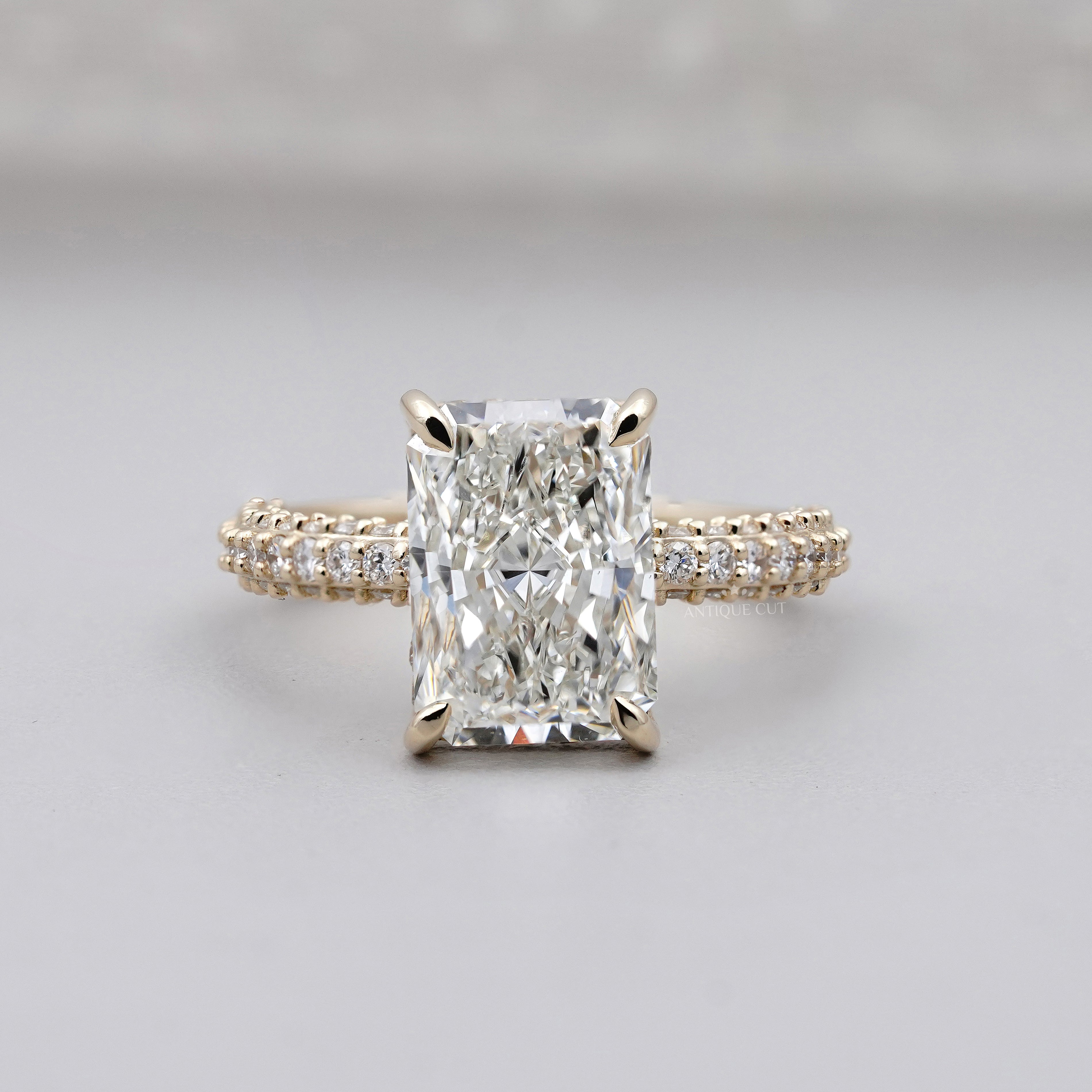 3.43tcw Emerald Lab-Grown Diamond Engagement Ring | Hidden Halo | Pave Band | Ethical Gold Ring